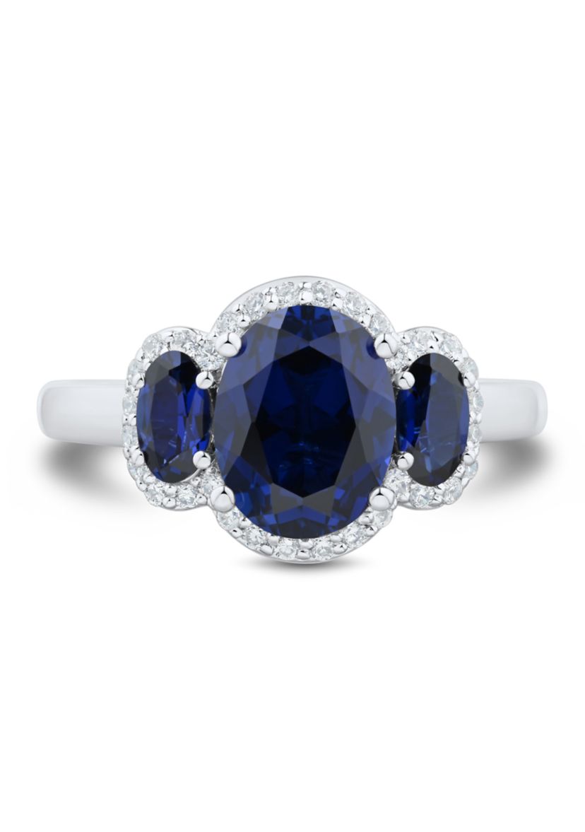 Lab Grown 3 Stones Sapphire and 1/5 ct. t.w. Lab Grown Diamond Ring in Sterling Silver