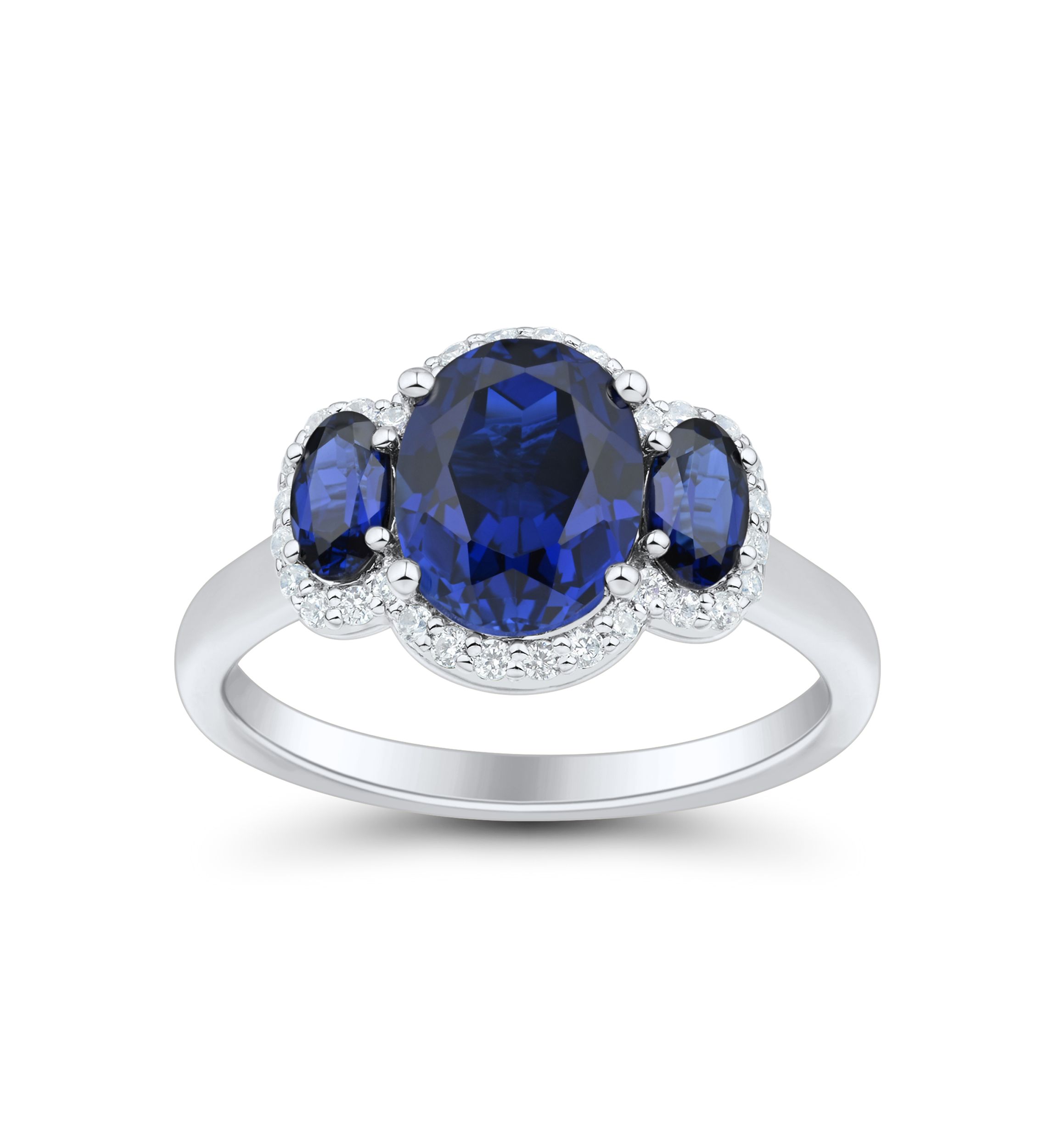 Lab Grown 3 Stones Sapphire and 1/5 ct. t.w. Lab Grown Diamond Ring in Sterling Silver