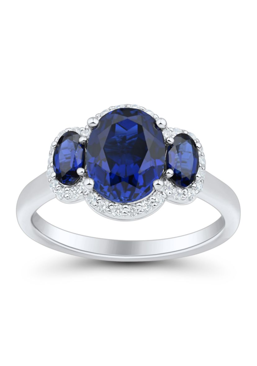 Lab Grown 3 Stones Sapphire and 1/5 ct. t.w. Lab Grown Diamond Ring in Sterling Silver