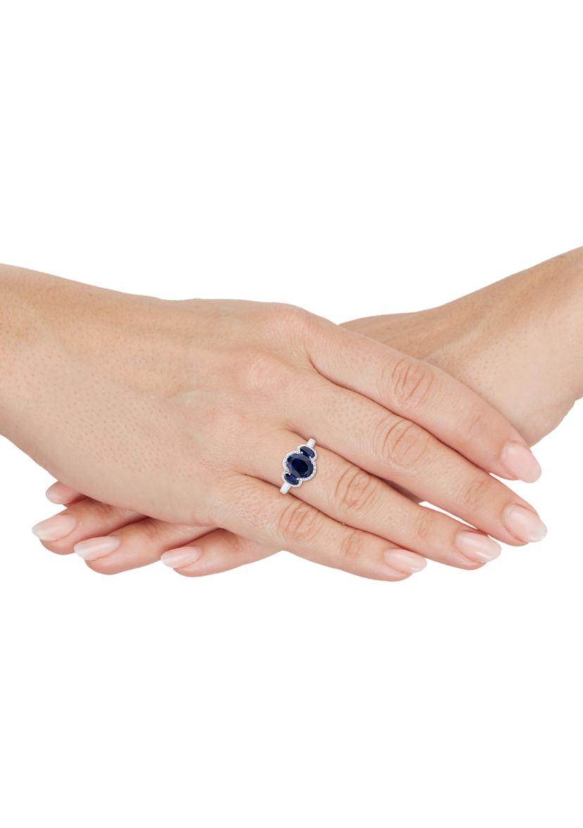 Lab Grown 3 Stones Sapphire and 1/5 ct. t.w. Lab Grown Diamond Ring in Sterling Silver