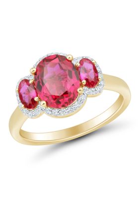 Belk & Co Lab Grown 3 Stones Ruby and 1/5 ct. t.w. Lab Grown Diamond Ring in Silver Gold Plated, 7