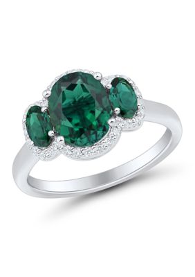 Belk & Co Lab Grown 3 Stones Emerald and 1/5 ct. t.w. Lab Grown Diamond Ring in Sterling Silver