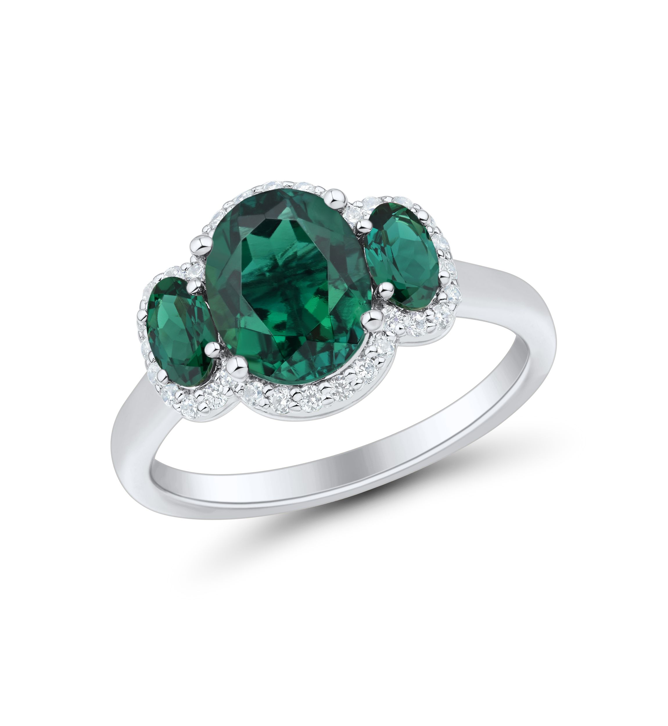 Lab Grown 3 Stones Emerald and 1/5 ct. t.w. Lab Grown Diamond Ring in Sterling Silver