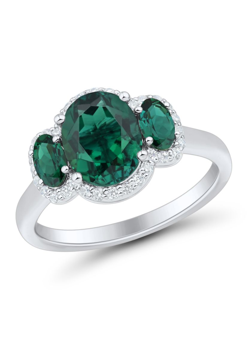 Lab Grown 3 Stones Emerald and 1/5 ct. t.w. Lab Grown Diamond Ring in Sterling Silver