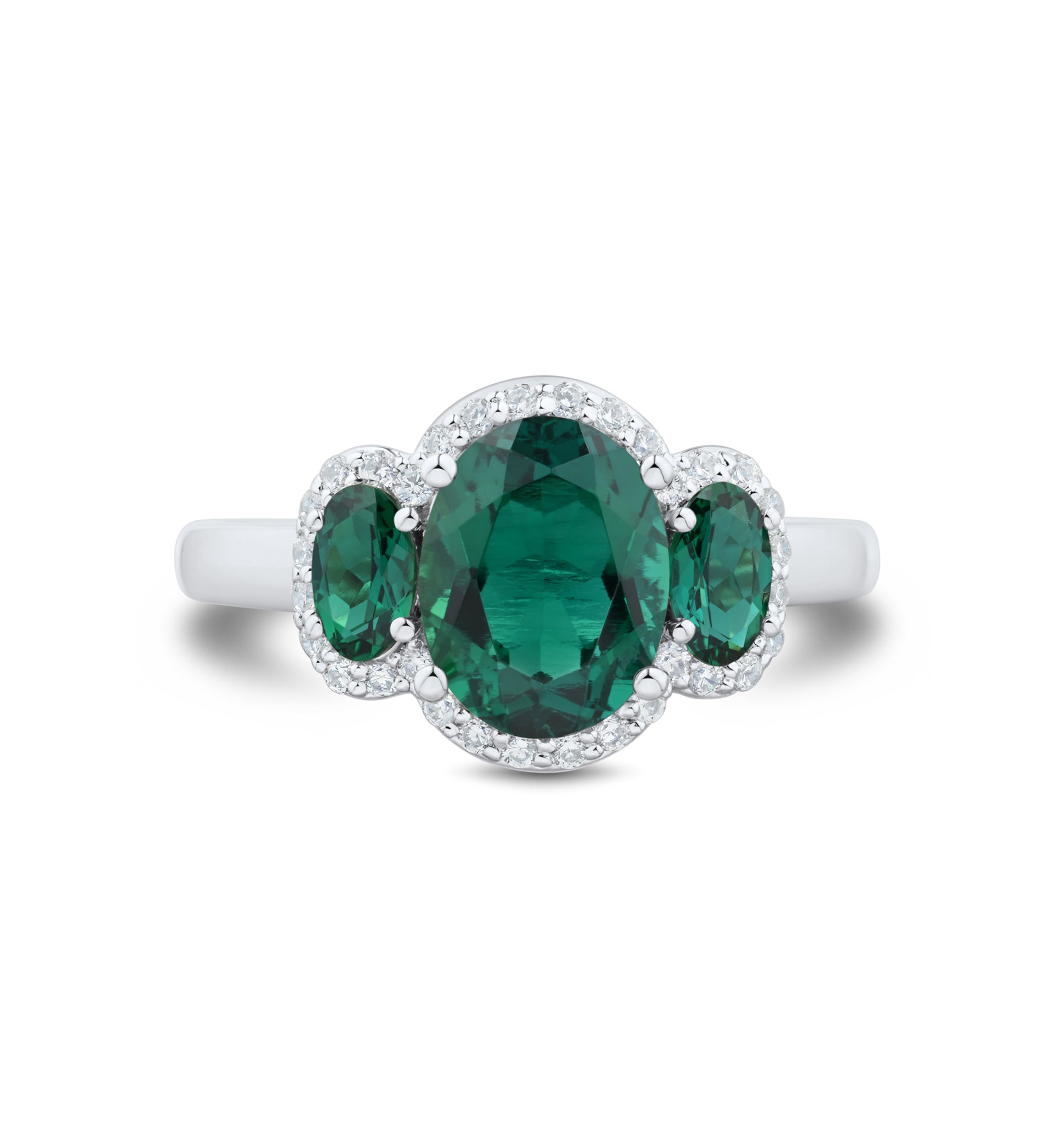 Lab Grown 3 Stones Emerald and 1/5 ct. t.w. Lab Grown Diamond Ring in Sterling Silver