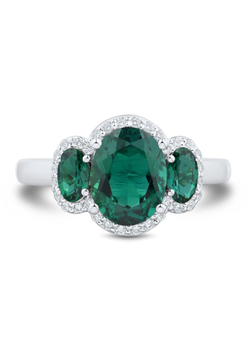 Lab Grown 3 Stones Emerald and 1/5 ct. t.w. Lab Grown Diamond Ring in Sterling Silver