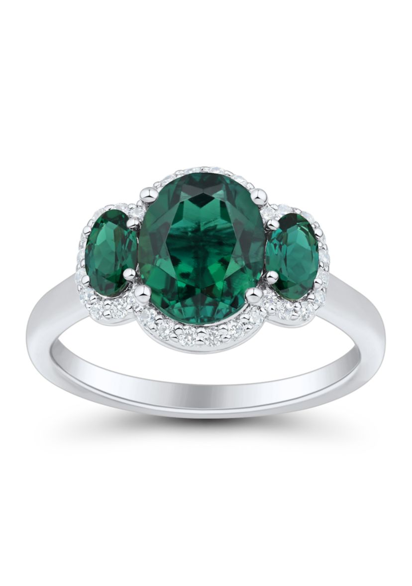 Lab Grown 3 Stones Emerald and 1/5 ct. t.w. Lab Grown Diamond Ring in Sterling Silver