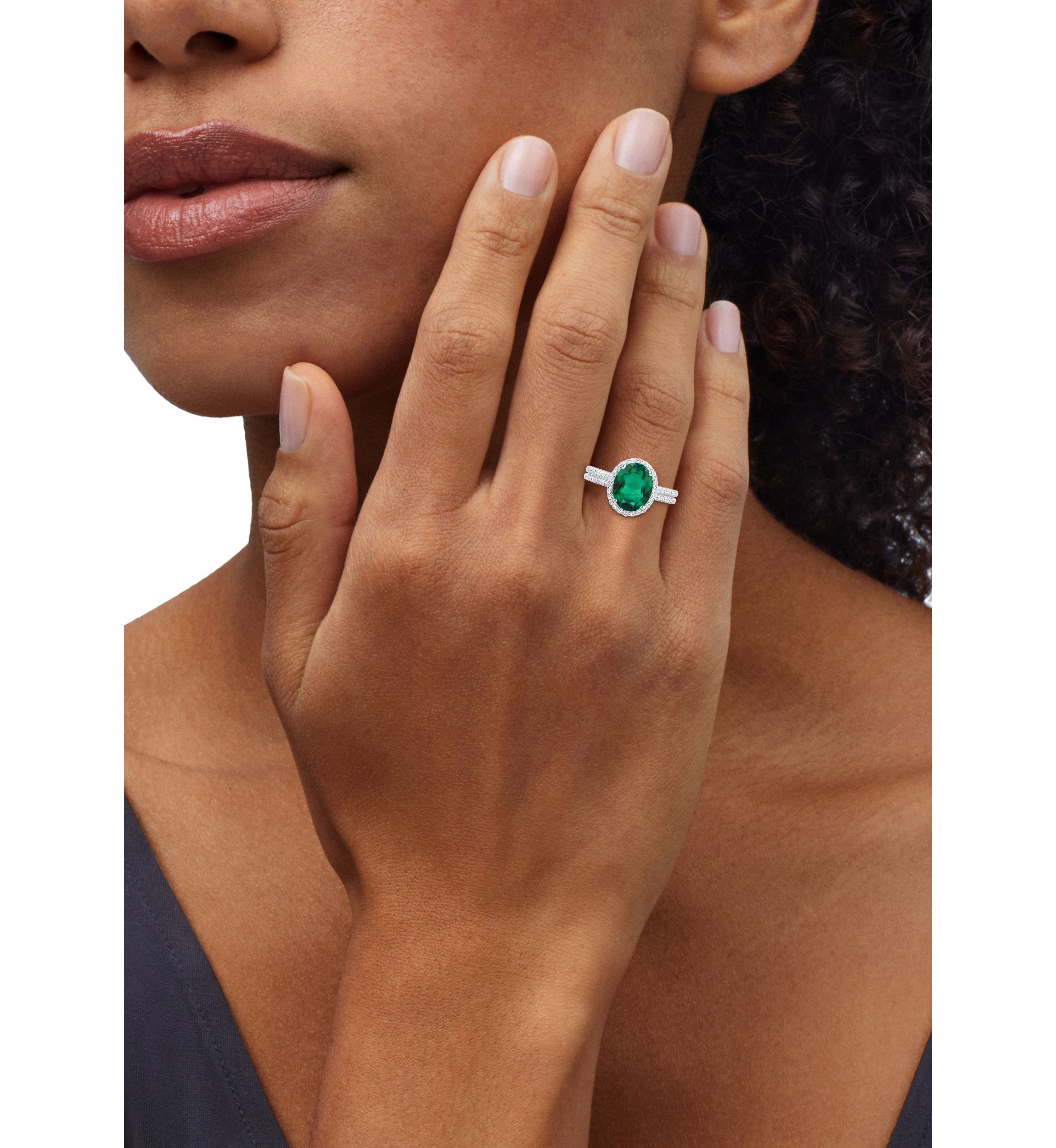 Lab Grown Emerald and 1/3 ct. t.w. Lab Grown Diamond Ring in Sterling silver