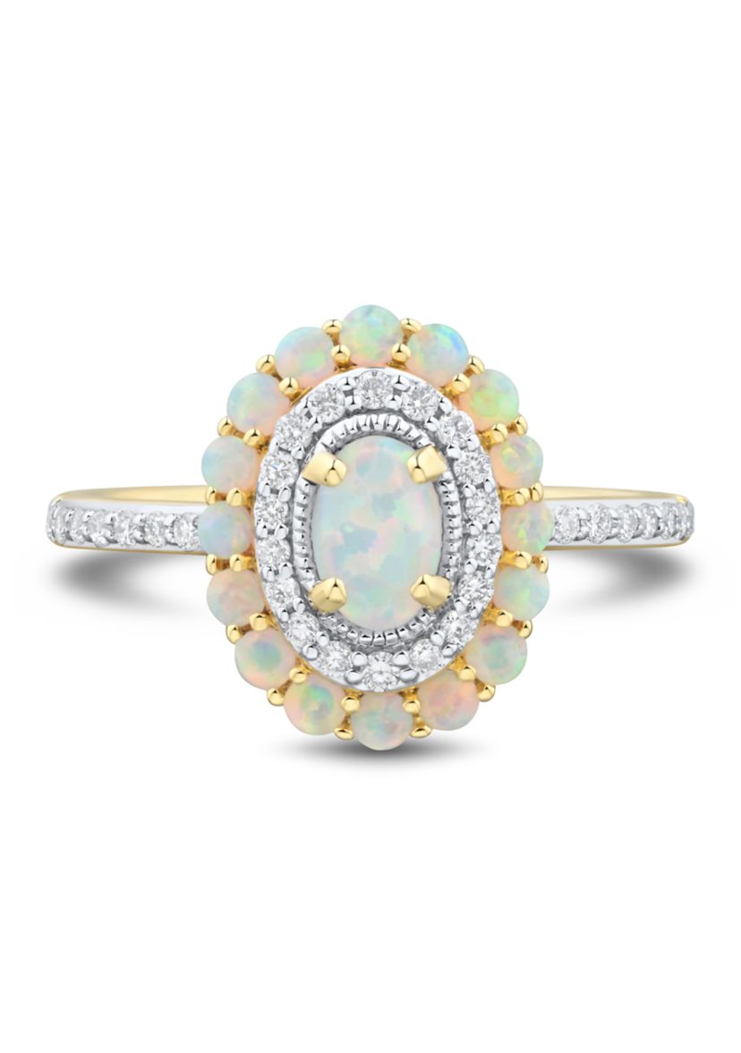 1/4 ct. t.w. Lab Grown Opal and Diamond Ring in Gold Over Sterling Silver