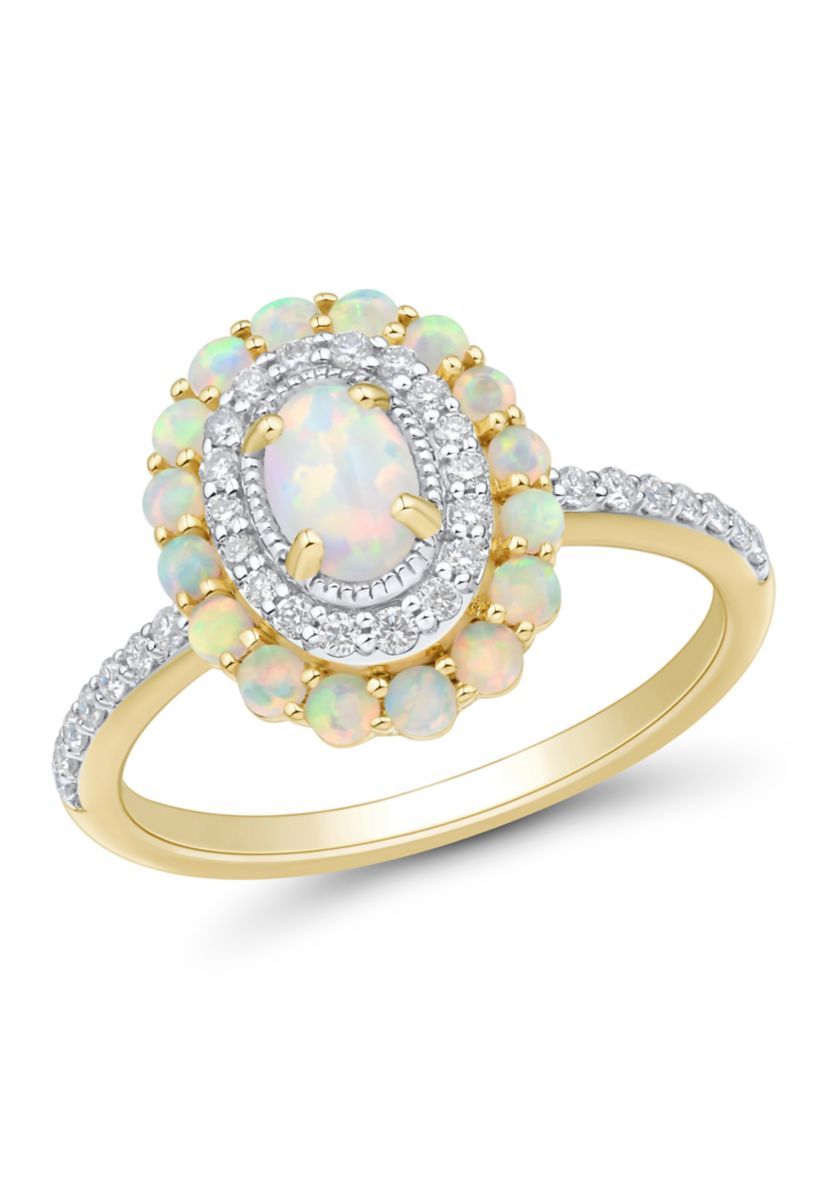 1/4 ct. t.w. Lab Grown Opal and Diamond Ring in Gold Over Sterling Silver