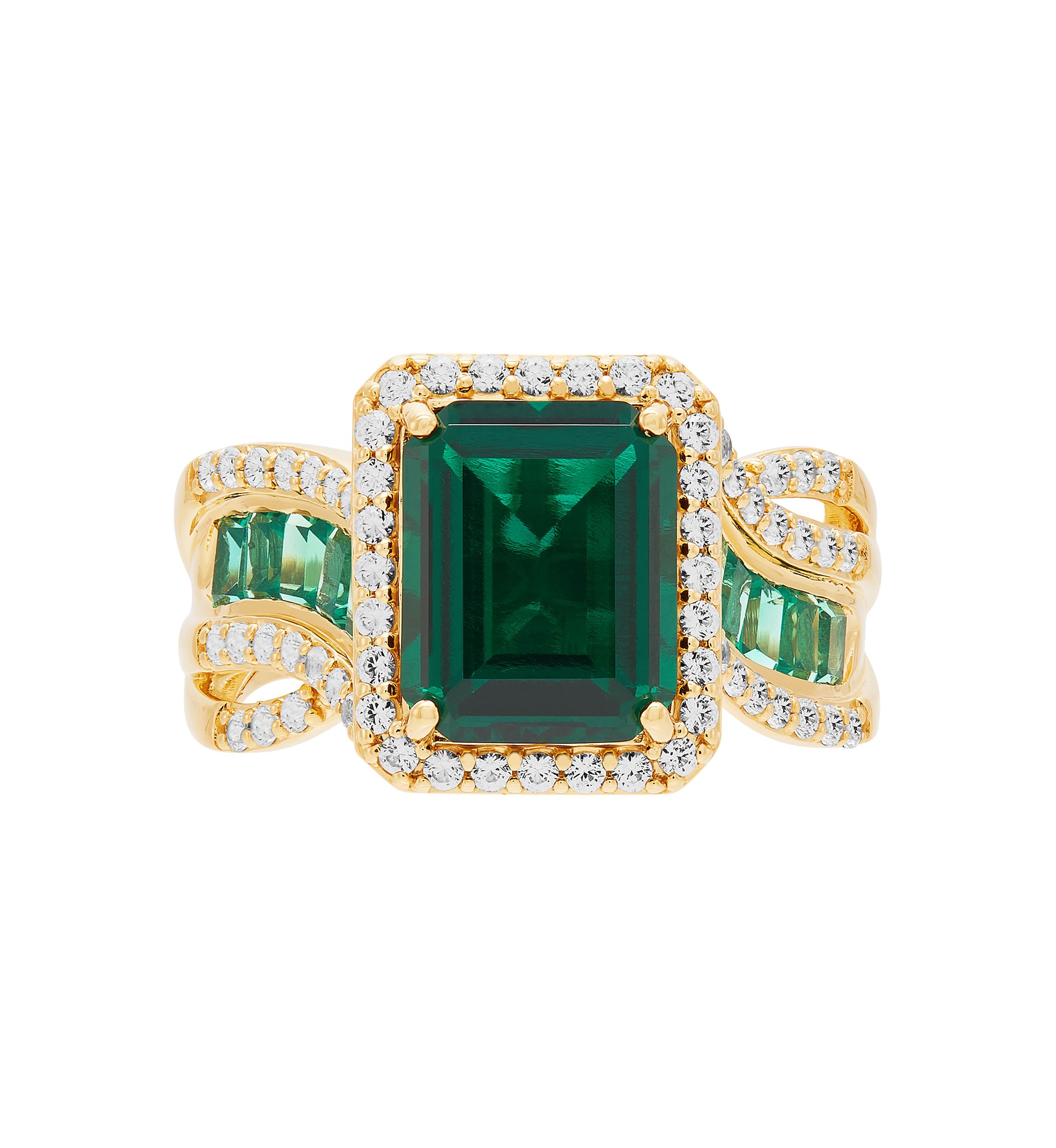 Lab Grown Emerald and Lab Grown White Sapphire Ring in Gold Over Silver
