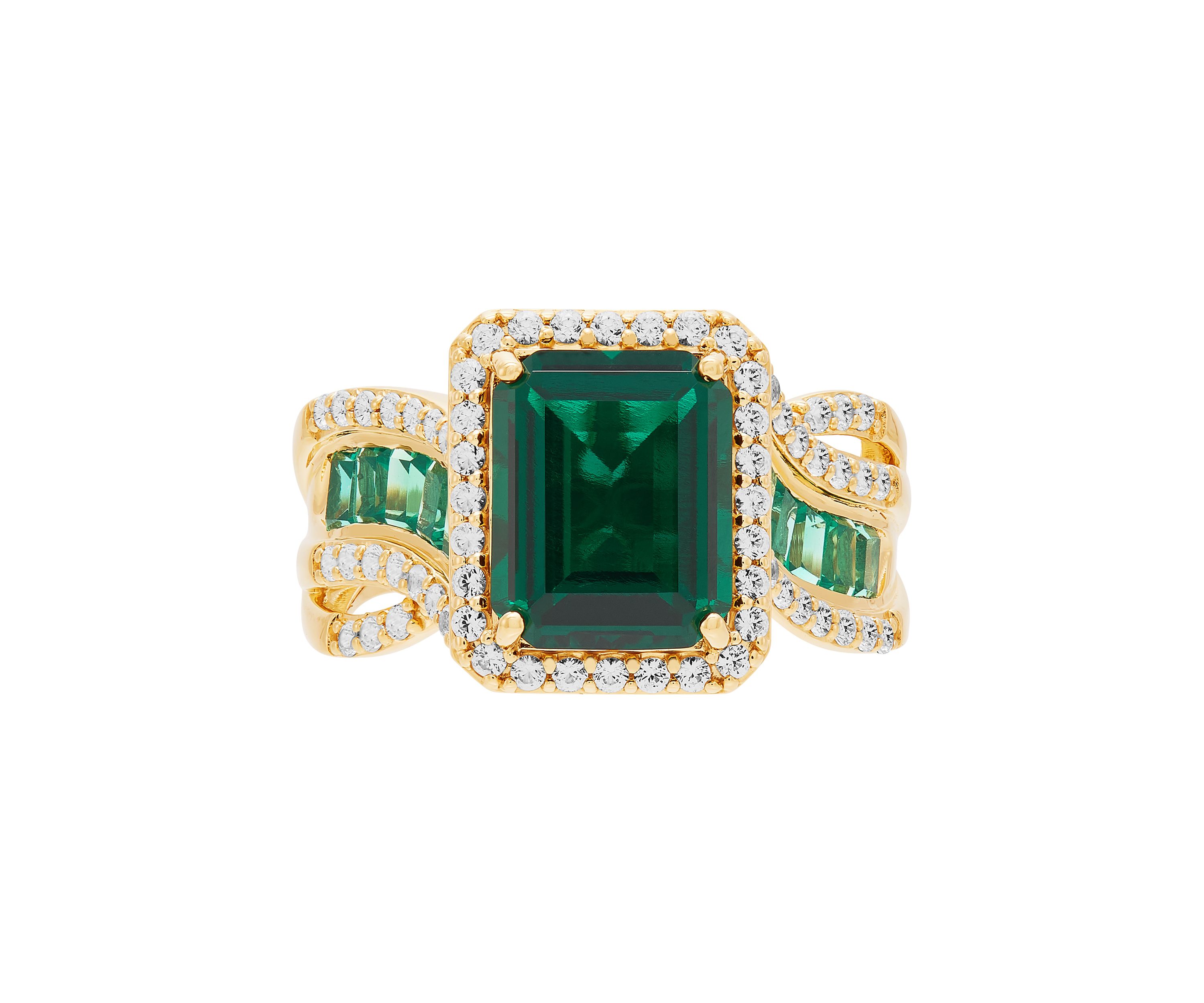 Lab Grown Emerald and Lab Grown White Sapphire Ring in Gold Over Silver