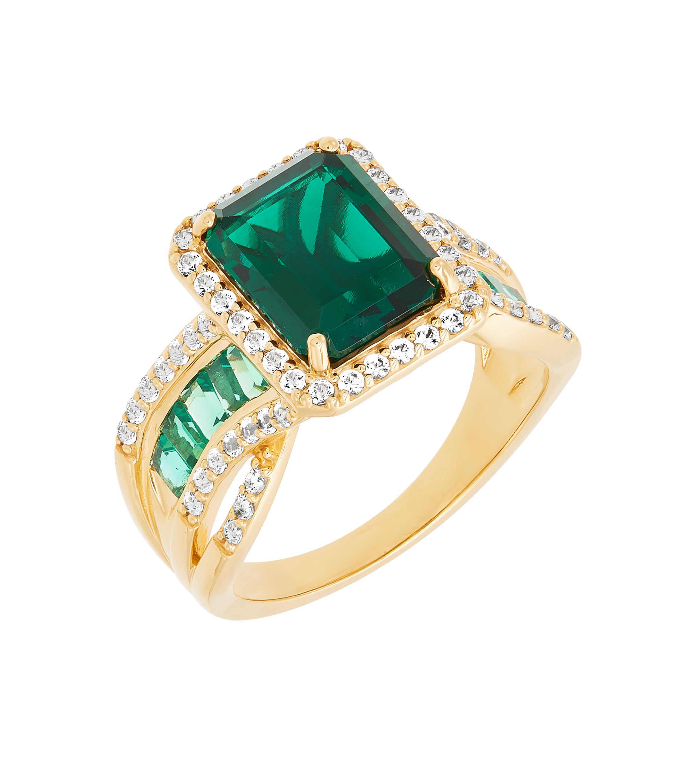 Lab Grown Emerald and Lab Grown White Sapphire Ring in Gold Over Silver
