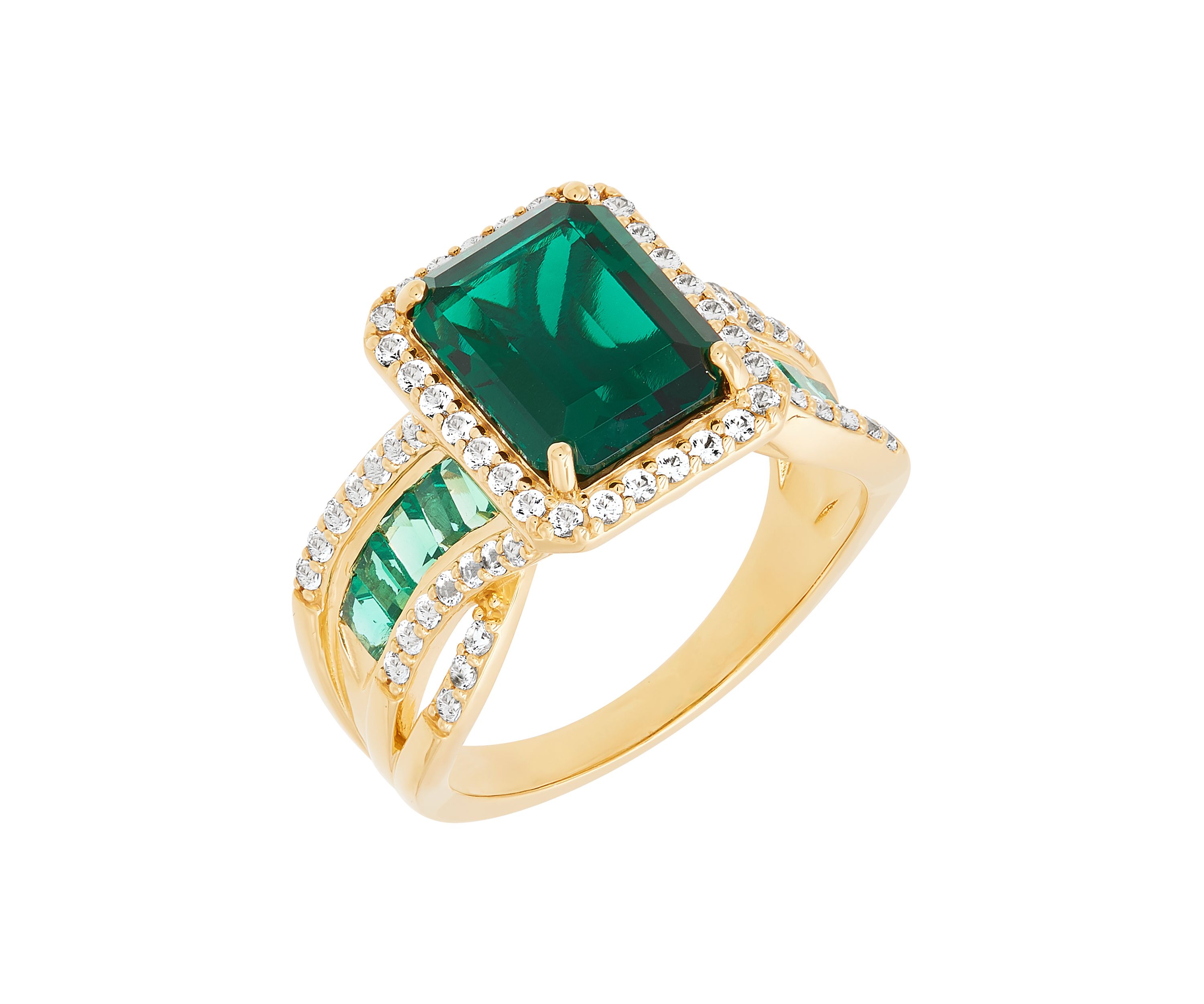 Lab Grown Emerald and Lab Grown White Sapphire Ring in Gold Over Silver