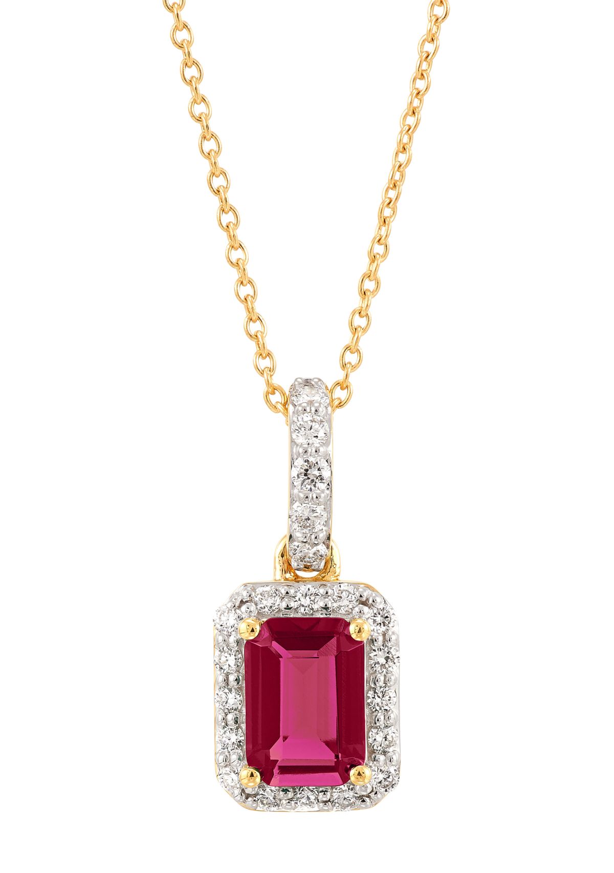 1/4 ct. t.w. Lab Grown Diamond and Lab Grown Ruby Pendant with 18" Cable Chain in 10K Yellow Gold