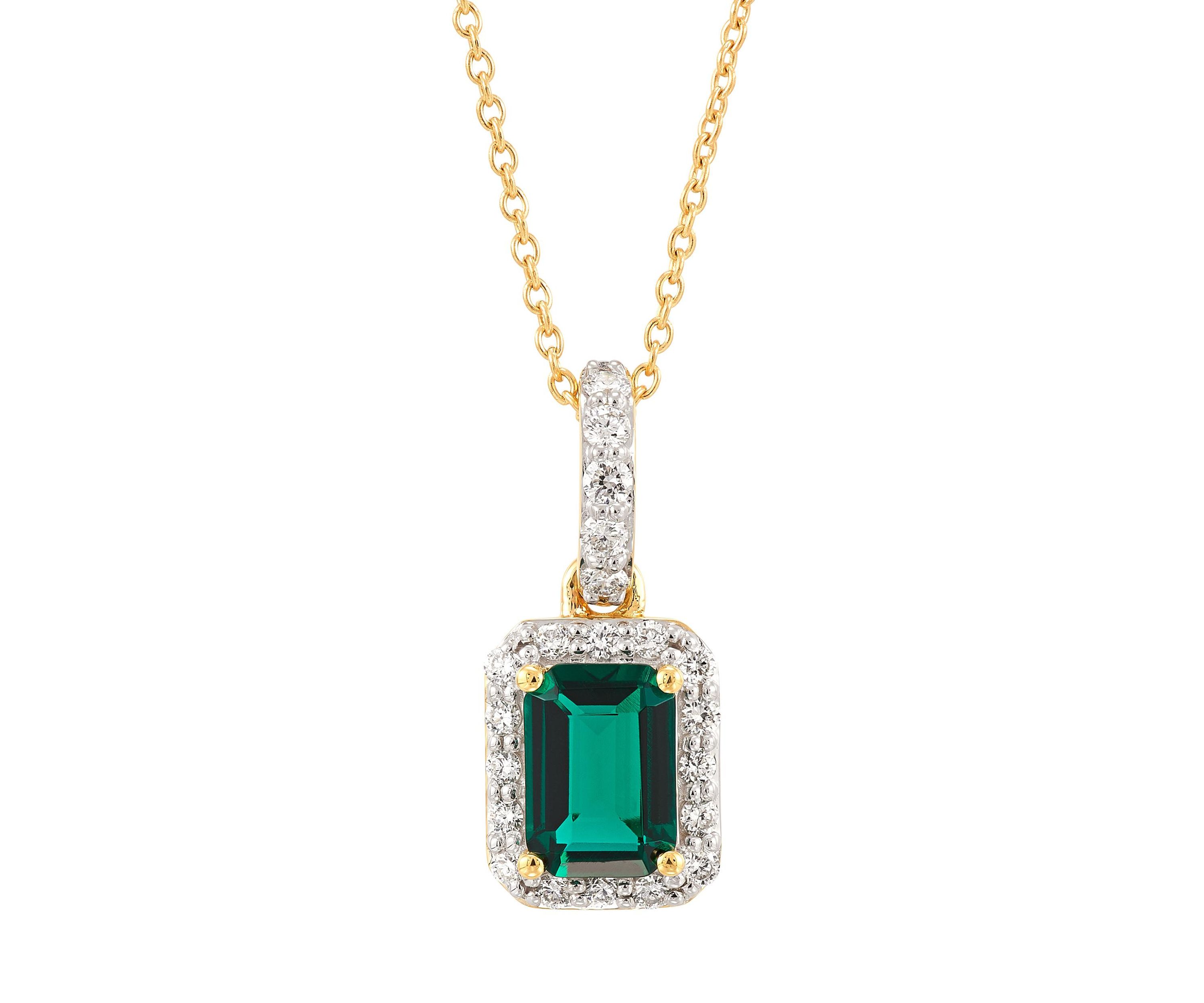 1/4 ct. t.w. Lab Grown Diamond and Emerald Pendant with 18" Cable Chain in 10K Yellow Gold
