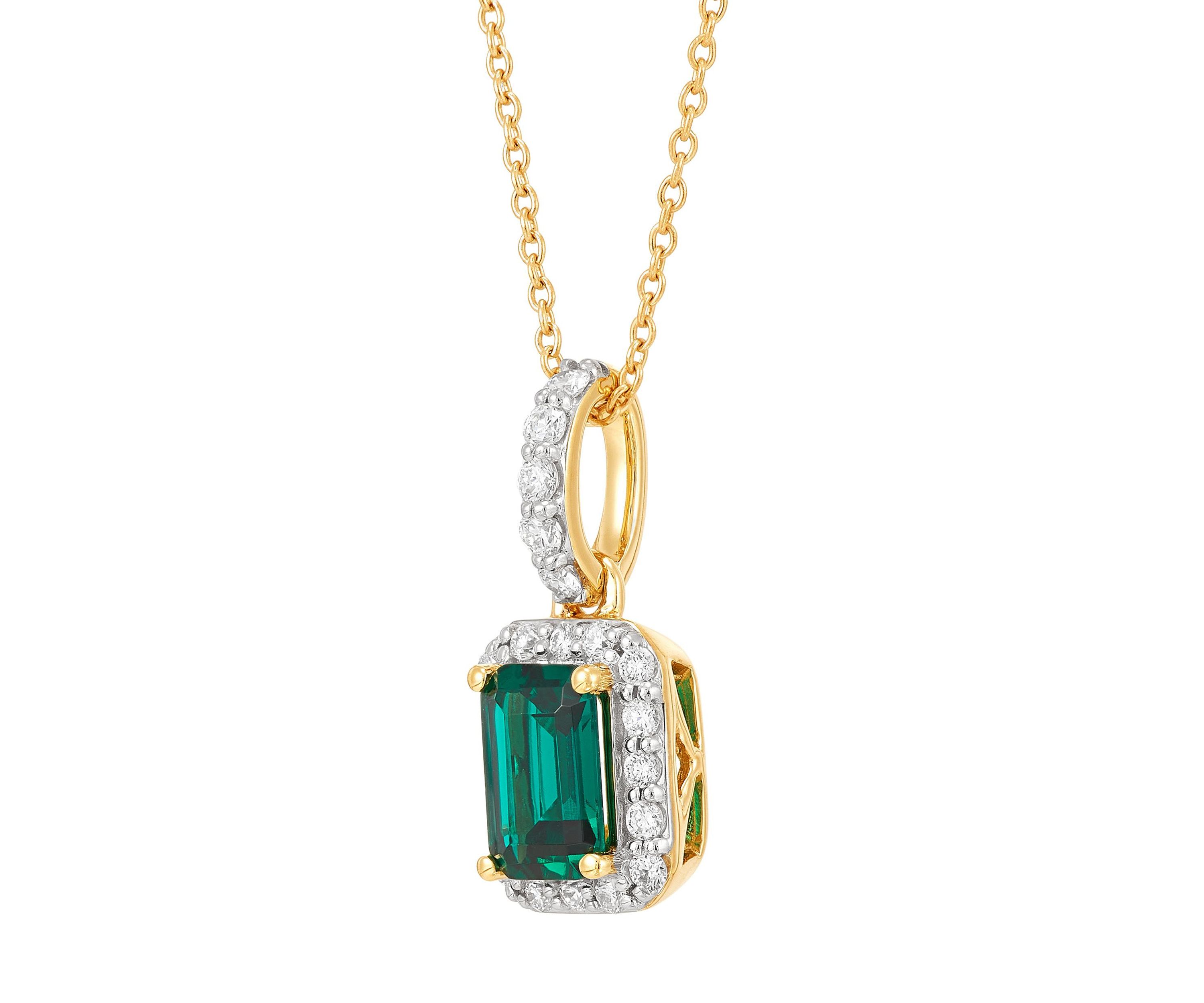 1/4 ct. t.w. Lab Grown Diamond and Emerald Pendant with 18" Cable Chain in 10K Yellow Gold