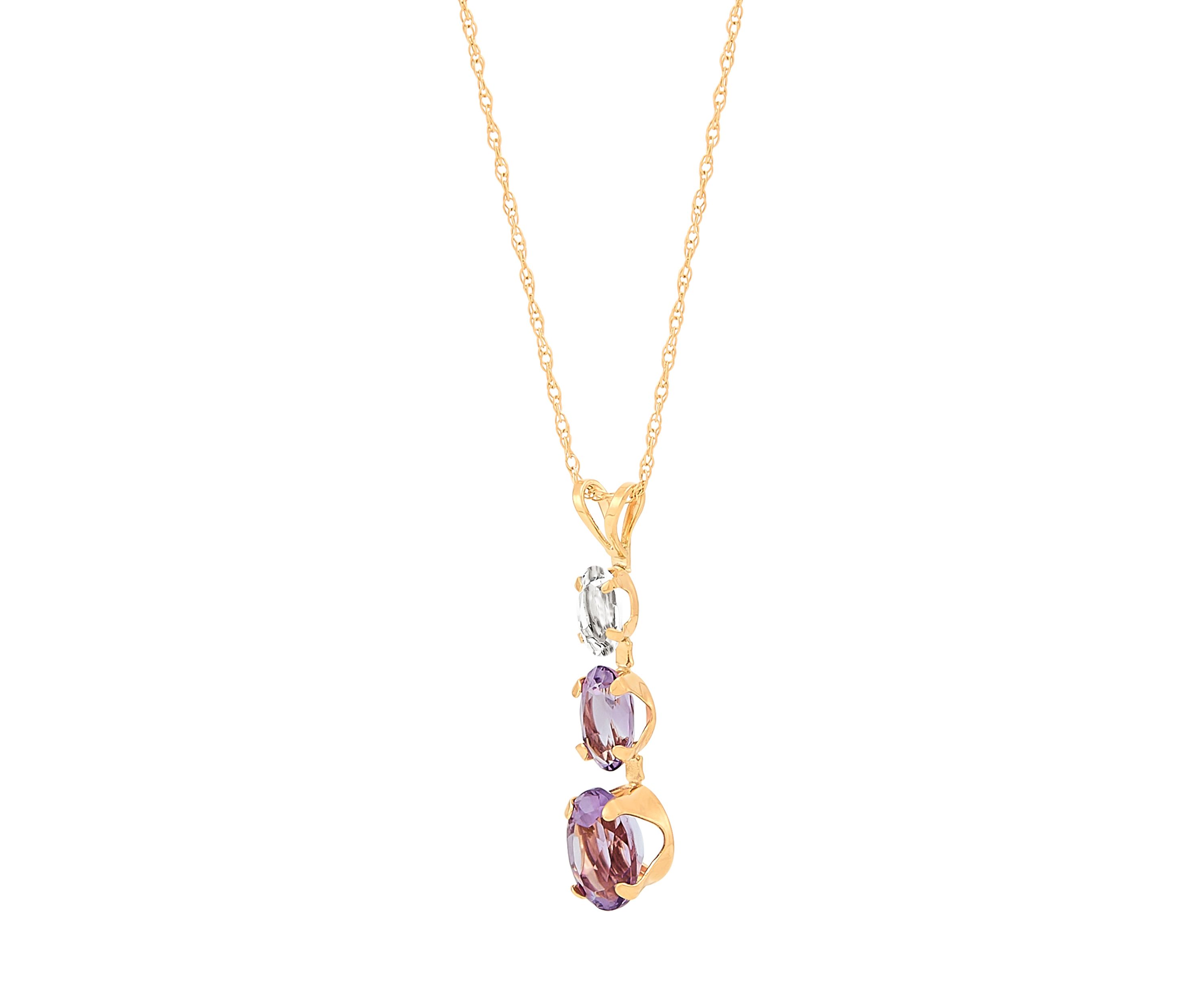 Amethyst, Pink Amethyst, and White Topaz Pendant with 18" Rope Chain Necklace in 10K Yellow Gold