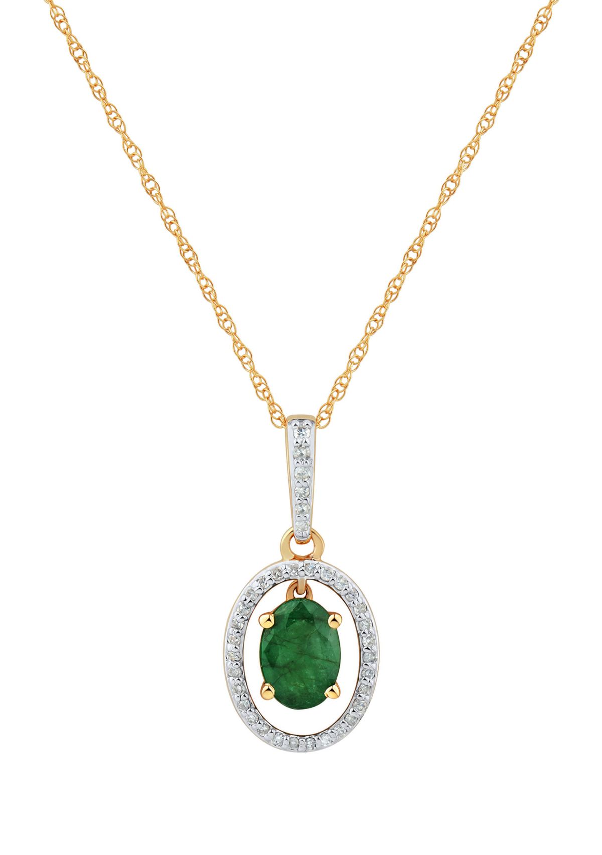 1/8 ct. t.w. Emerald and Diamond Pendant Necklace with 18 Singapore Chain in 10K Yellow Gold