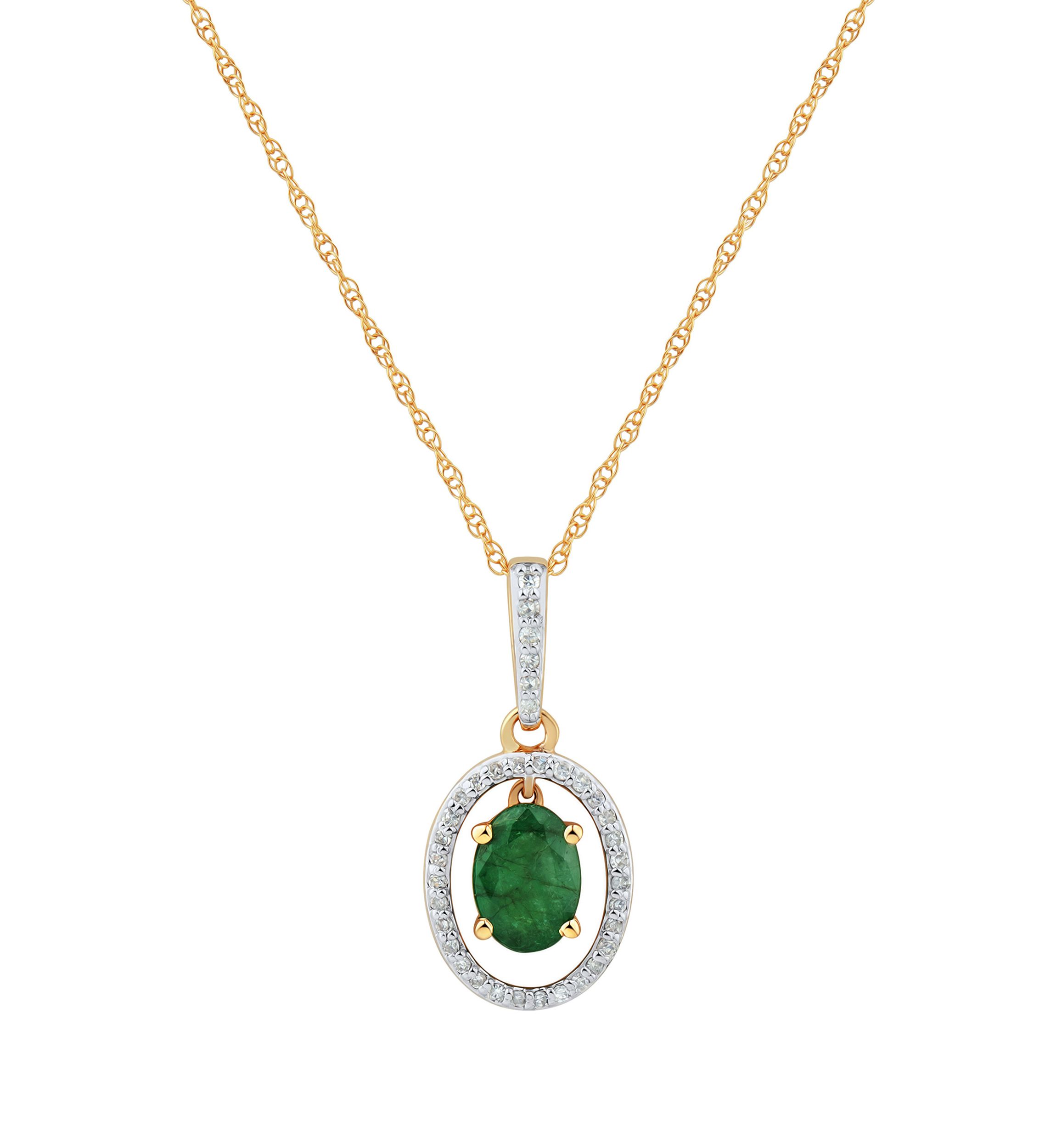 1/8 ct. t.w. Emerald and Diamond Pendant Necklace with 18 Singapore Chain in 10K Yellow Gold