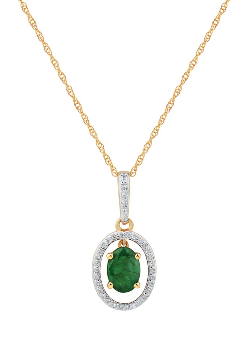 1/8 ct. t.w. Emerald and Diamond Pendant Necklace with 18 Singapore Chain in 10K Yellow Gold