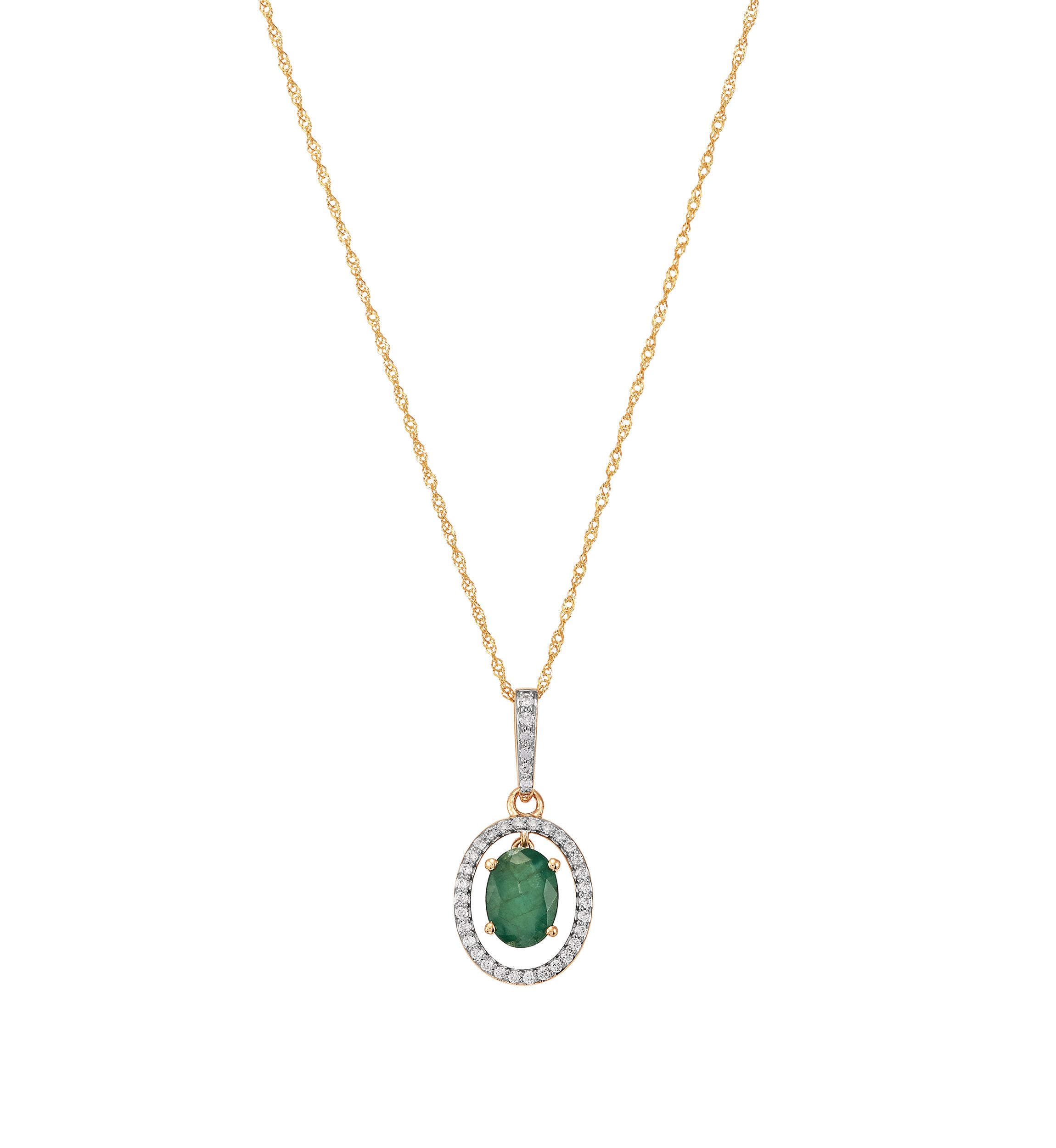 1/8 ct. t.w. Emerald and Diamond Pendant Necklace with 18 Singapore Chain in 10K Yellow Gold
