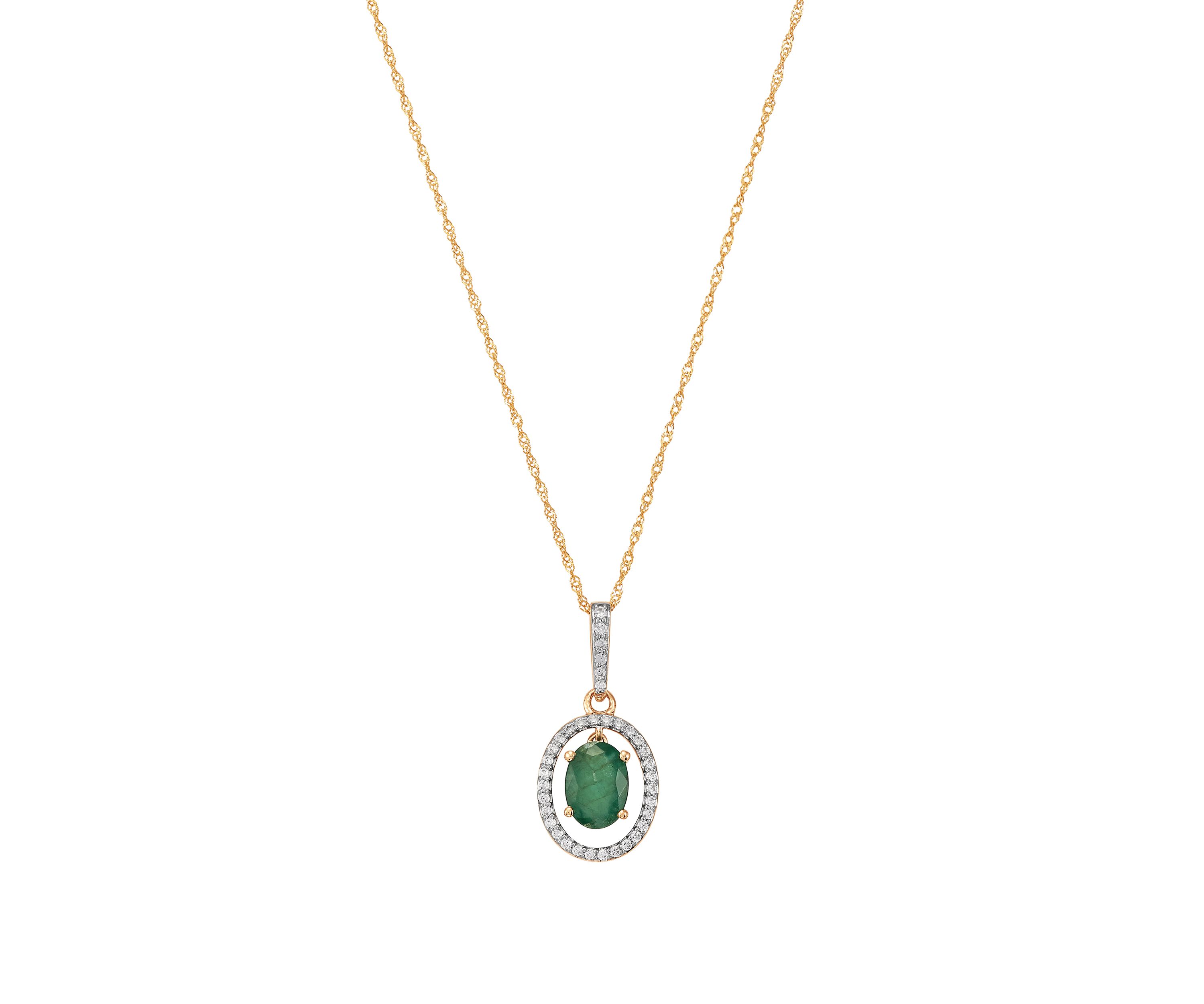 1/8 ct. t.w. Emerald and Diamond Pendant Necklace with 18 Singapore Chain in 10K Yellow Gold