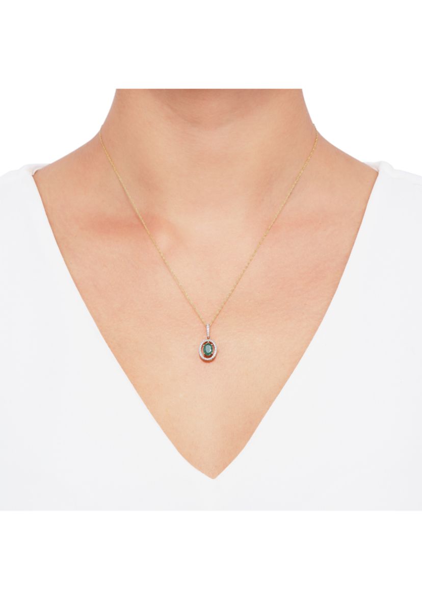 1/8 ct. t.w. Emerald and Diamond Pendant Necklace with 18 Singapore Chain in 10K Yellow Gold