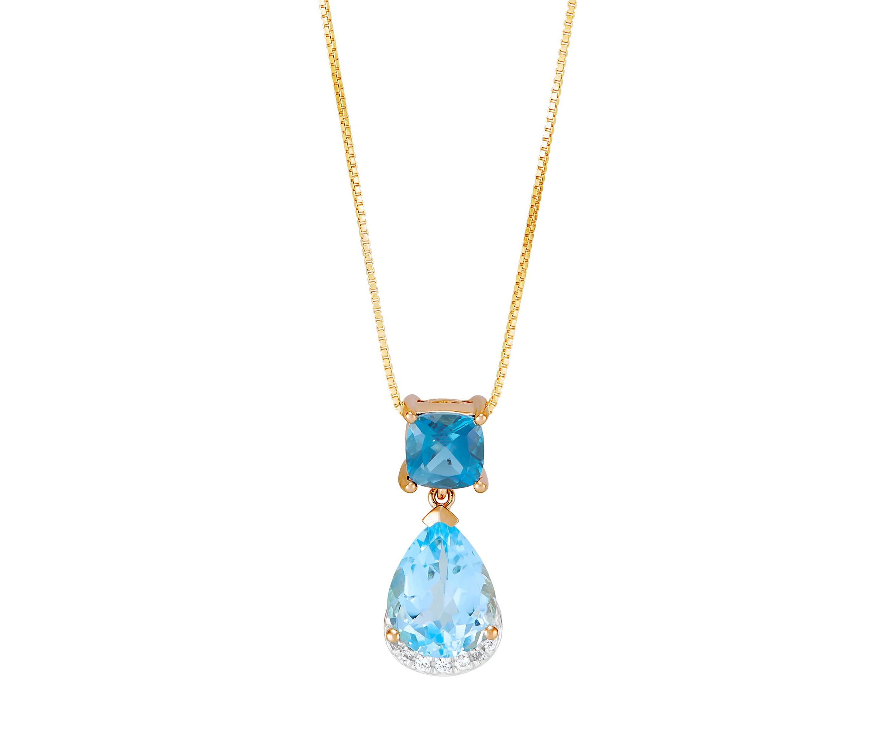 Lab Grown Blue Topaz and Lab Grown White Sapphire Pendant Necklace with 18" Box Chain in 10K Yellow Gold
