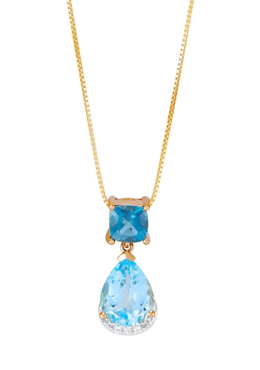 Lab Grown Blue Topaz and Lab Grown White Sapphire Pendant Necklace with 18" Box Chain in 10K Yellow Gold