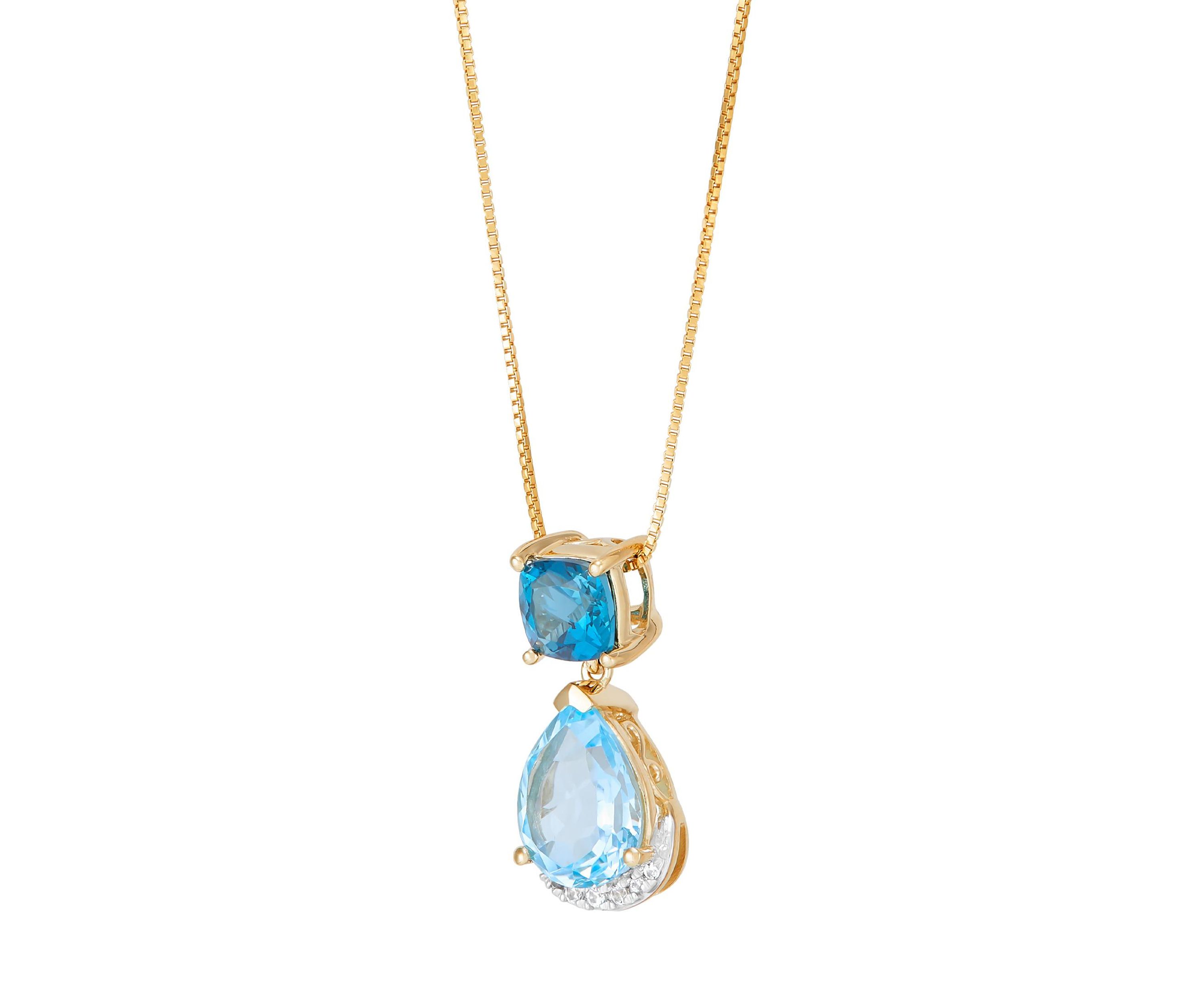 Lab Grown Blue Topaz and Lab Grown White Sapphire Pendant Necklace with 18" Box Chain in 10K Yellow Gold