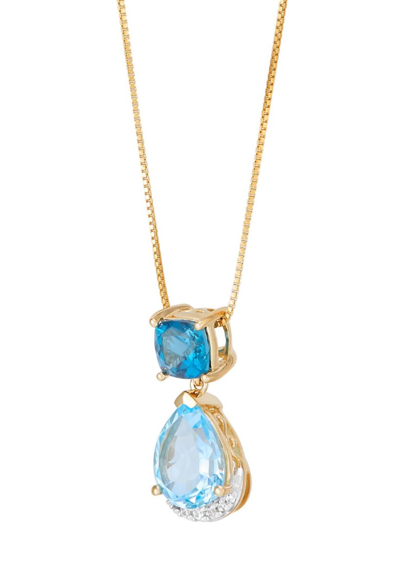 Lab Grown Blue Topaz and Lab Grown White Sapphire Pendant Necklace with 18" Box Chain in 10K Yellow Gold