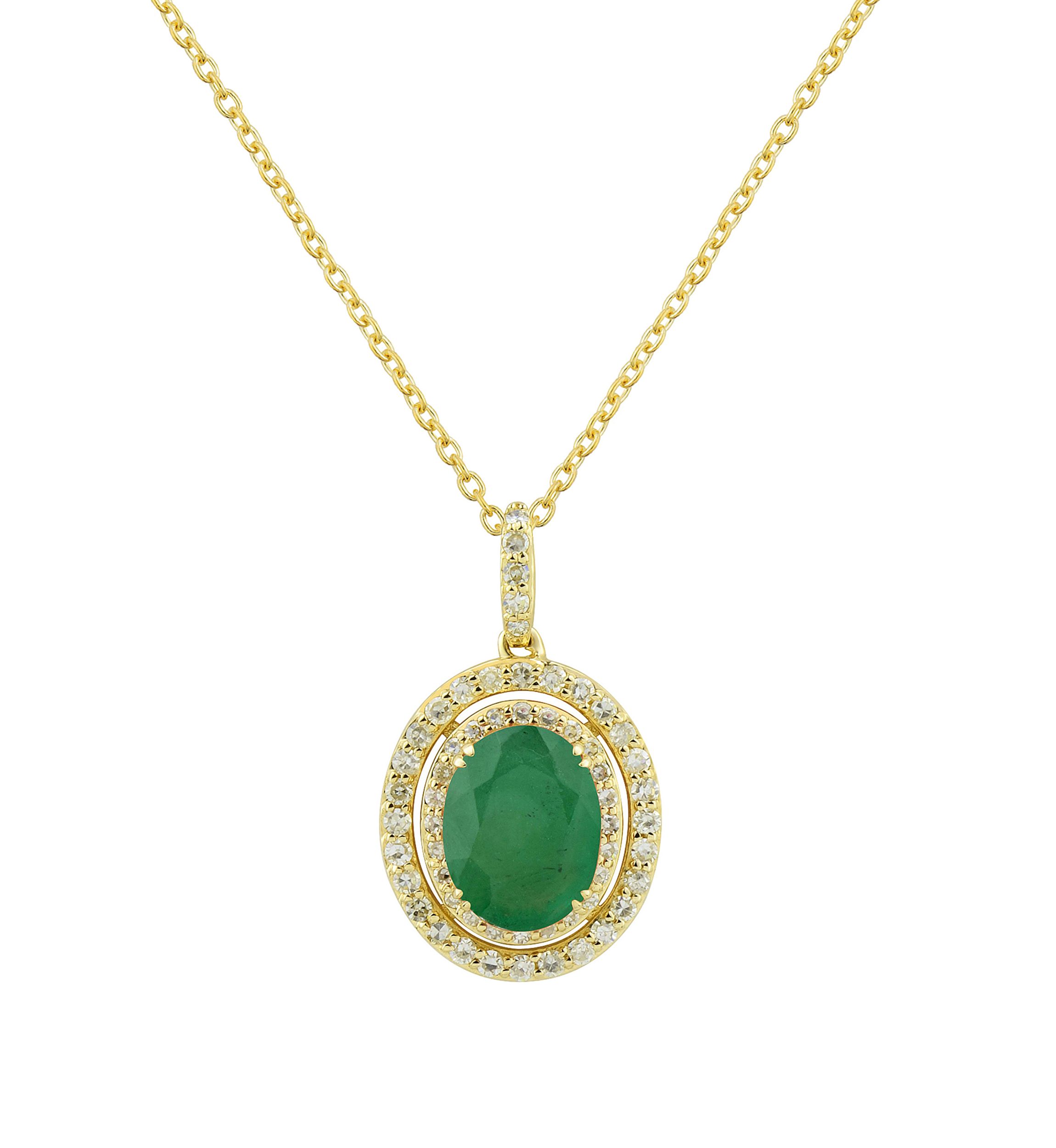 1/4 ct. t.w. Diamond and Oval Emerald Pendant Necklace with 18" Box Chain in 10K Yellow Gold