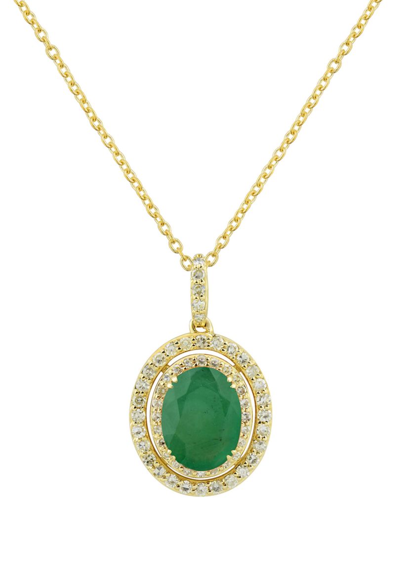 1/4 ct. t.w. Diamond and Oval Emerald Pendant Necklace with 18" Box Chain in 10K Yellow Gold