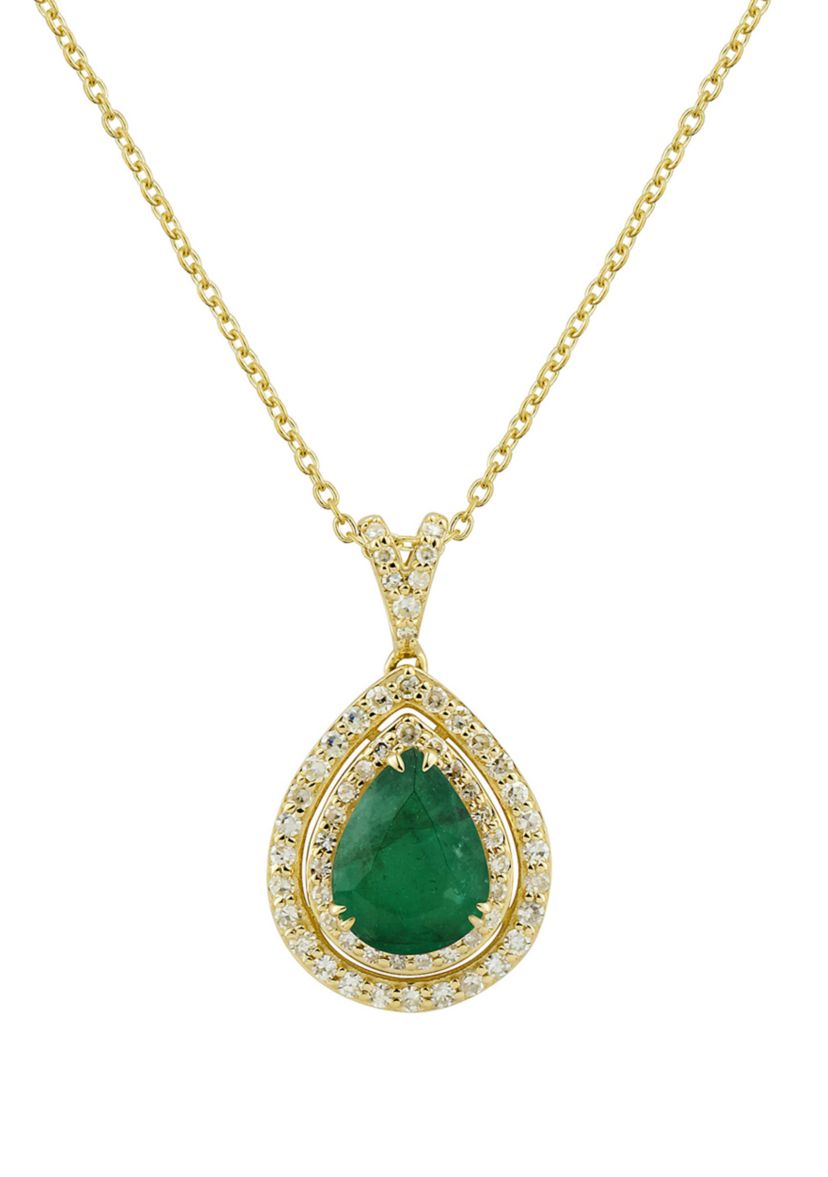 1/4 ct. t.w. Diamond and Pear Emerald Pendant Necklace with 18" Box Chain in 10K Yellow Gold