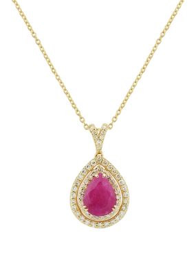 Belk & Co 1/4 ct. t.w. Diamond and Pear Ruby Pendant Necklace with 18" Box Chain in 10K Yellow Gold