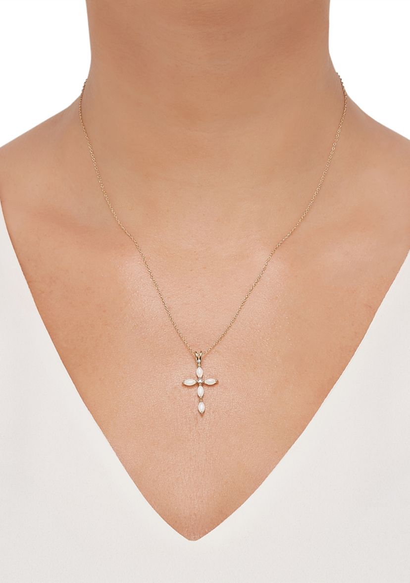 1/10 ct. t.w. Diamond and Lab Created Opal Necklace with 18" Box Chain in 10K Yellow Gold