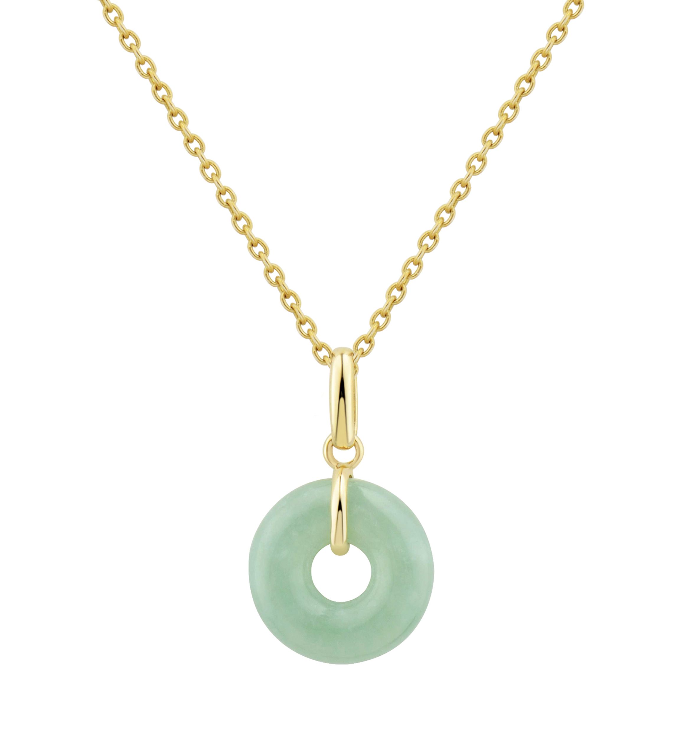 Circle Natural Jade Pendant Necklace with 18" Rope Chain in 10K Yellow Gold