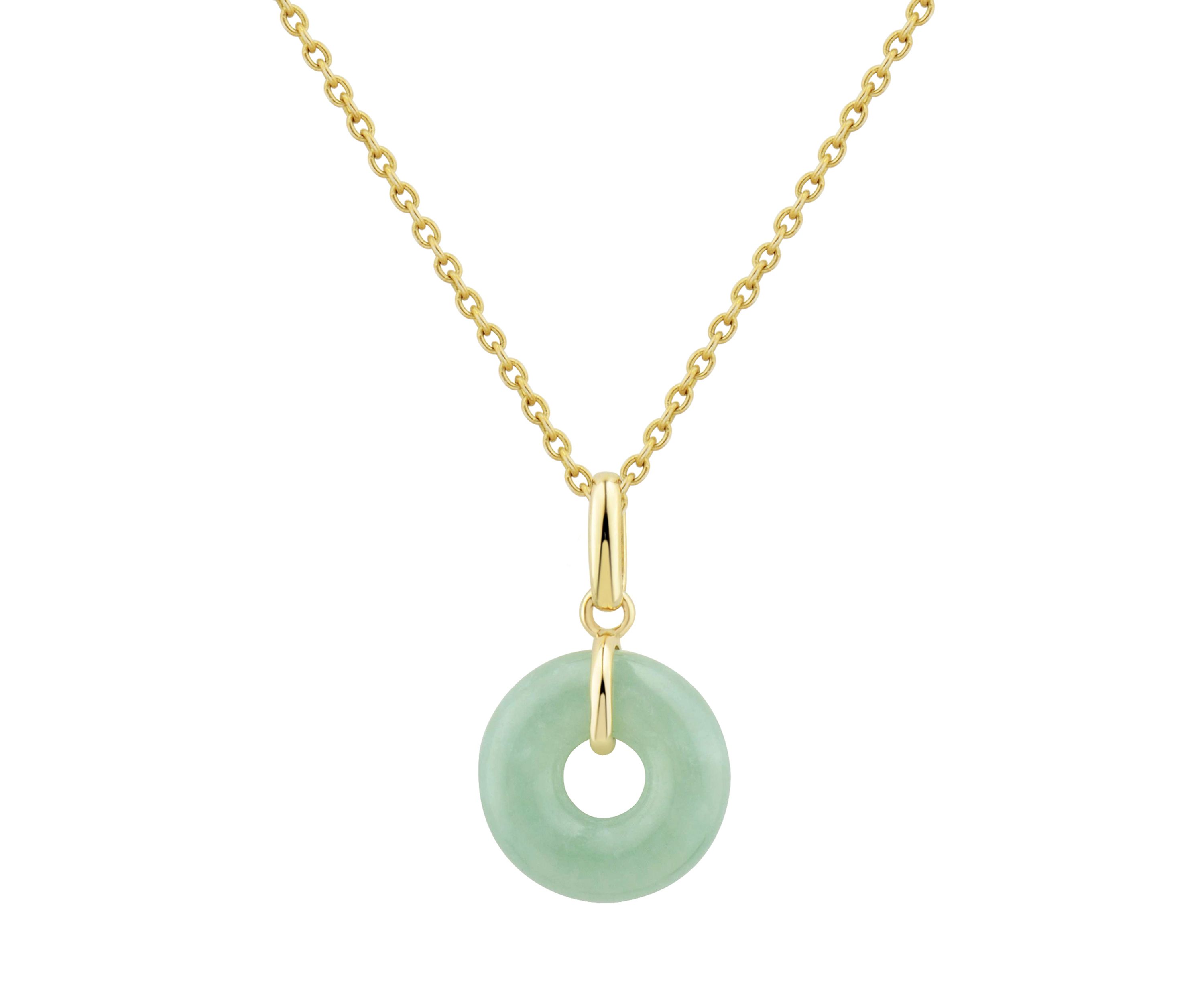 Circle Natural Jade Pendant Necklace with 18" Rope Chain in 10K Yellow Gold