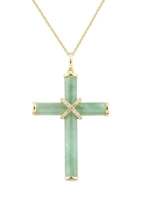 Belk & Co Natural Jade And Lab Created White Sapphire Cross Pendant Necklace With 18"" Rope Chain In 10K Yellow Gold