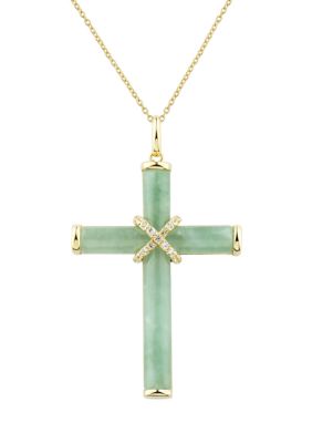 Belk & Co Natural Jade and Lab Created White Sapphire Cross Pendant Necklace with 18" Rope Chain in 10K Yellow Gold