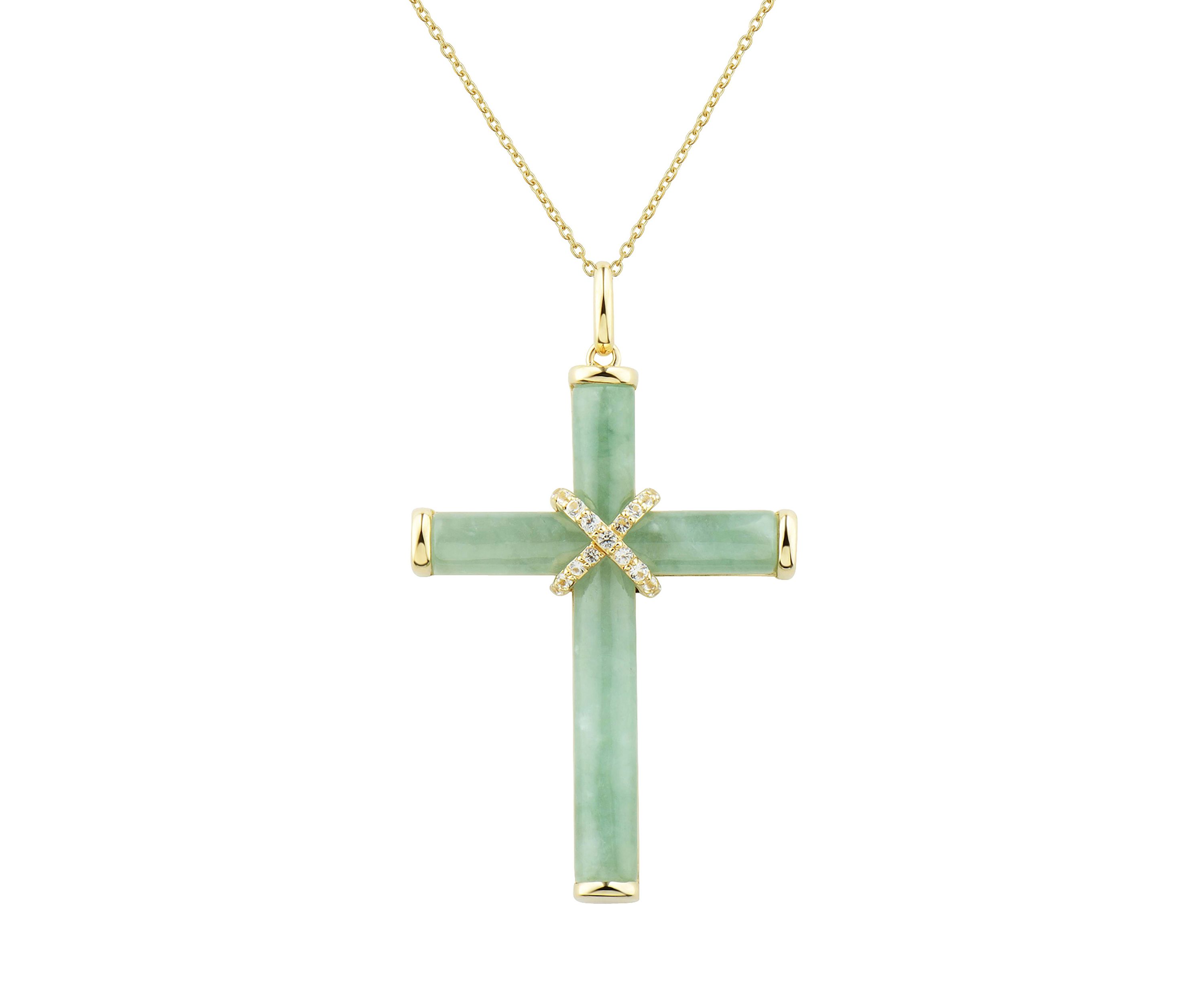 Natural Jade and Lab Created White Sapphire Cross Pendant Necklace with 18" Rope Chain in 10K Yellow Gold