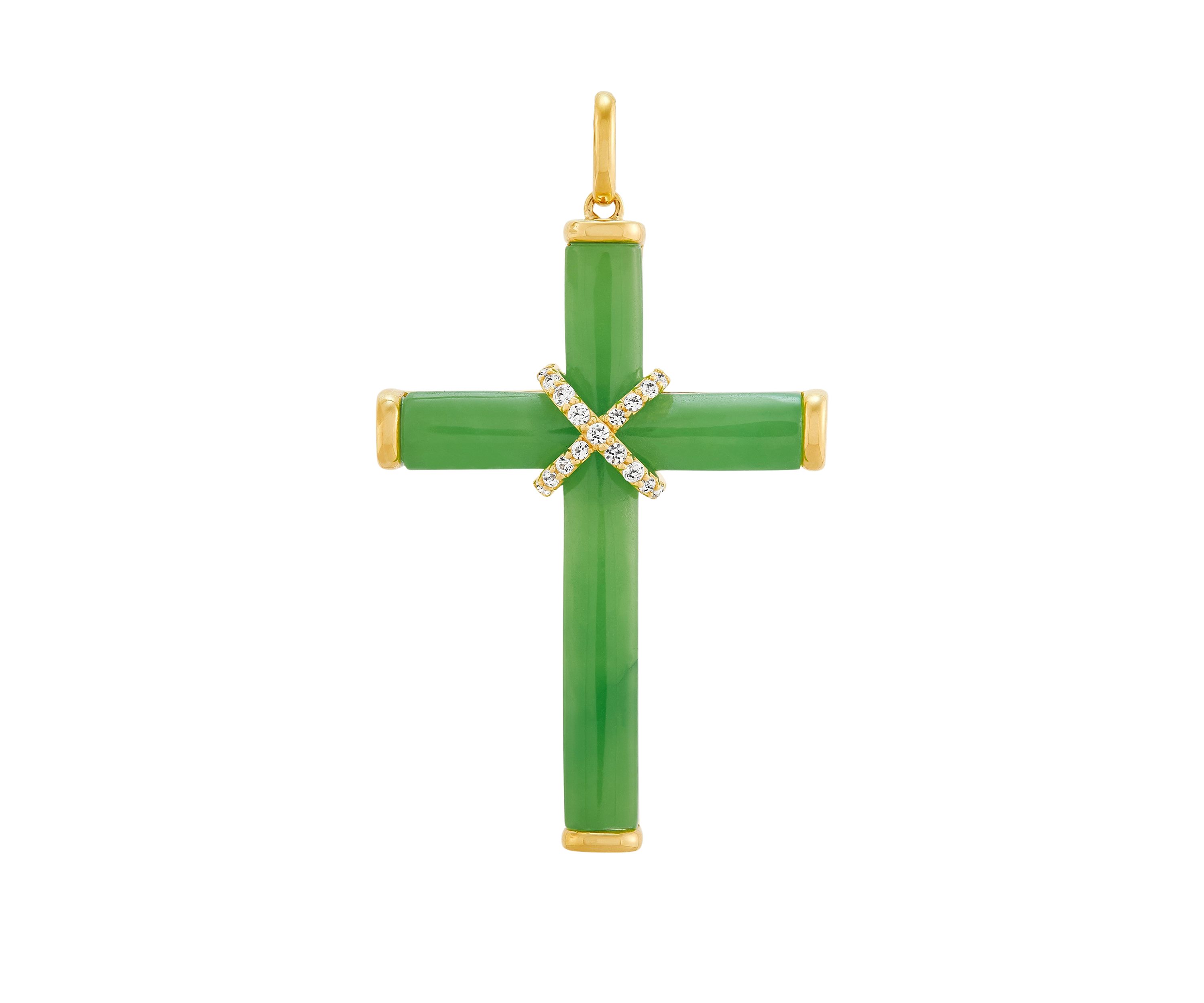 Natural Jade and Lab Created White Sapphire Cross Pendant Necklace with 18" Rope Chain in 10K Yellow Gold