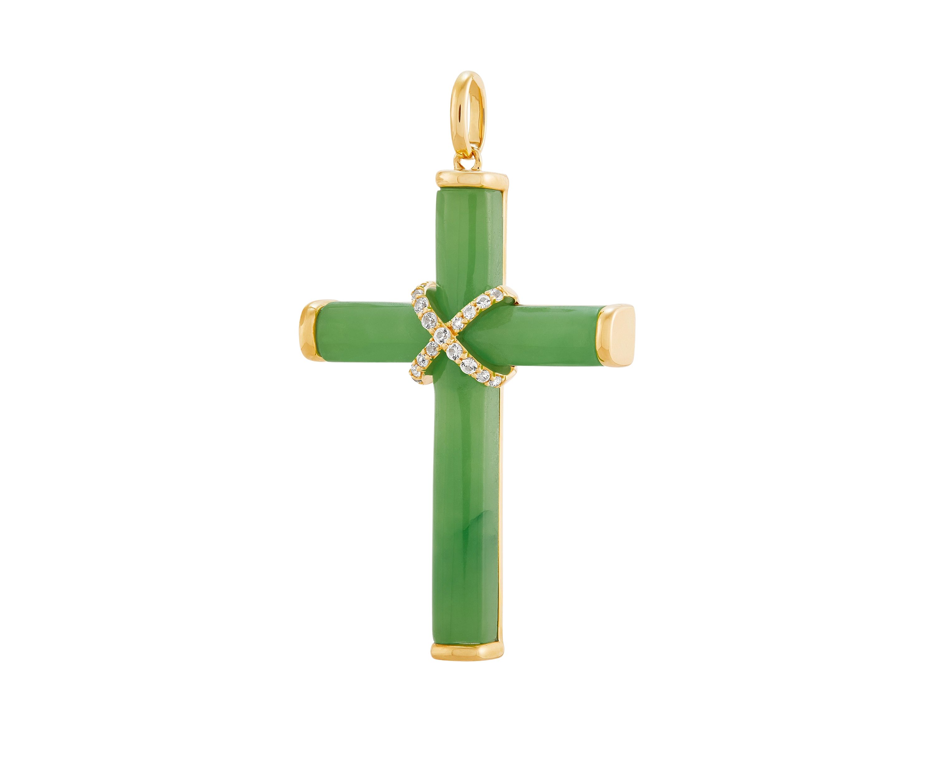 Natural Jade and Lab Created White Sapphire Cross Pendant Necklace with 18" Rope Chain in 10K Yellow Gold