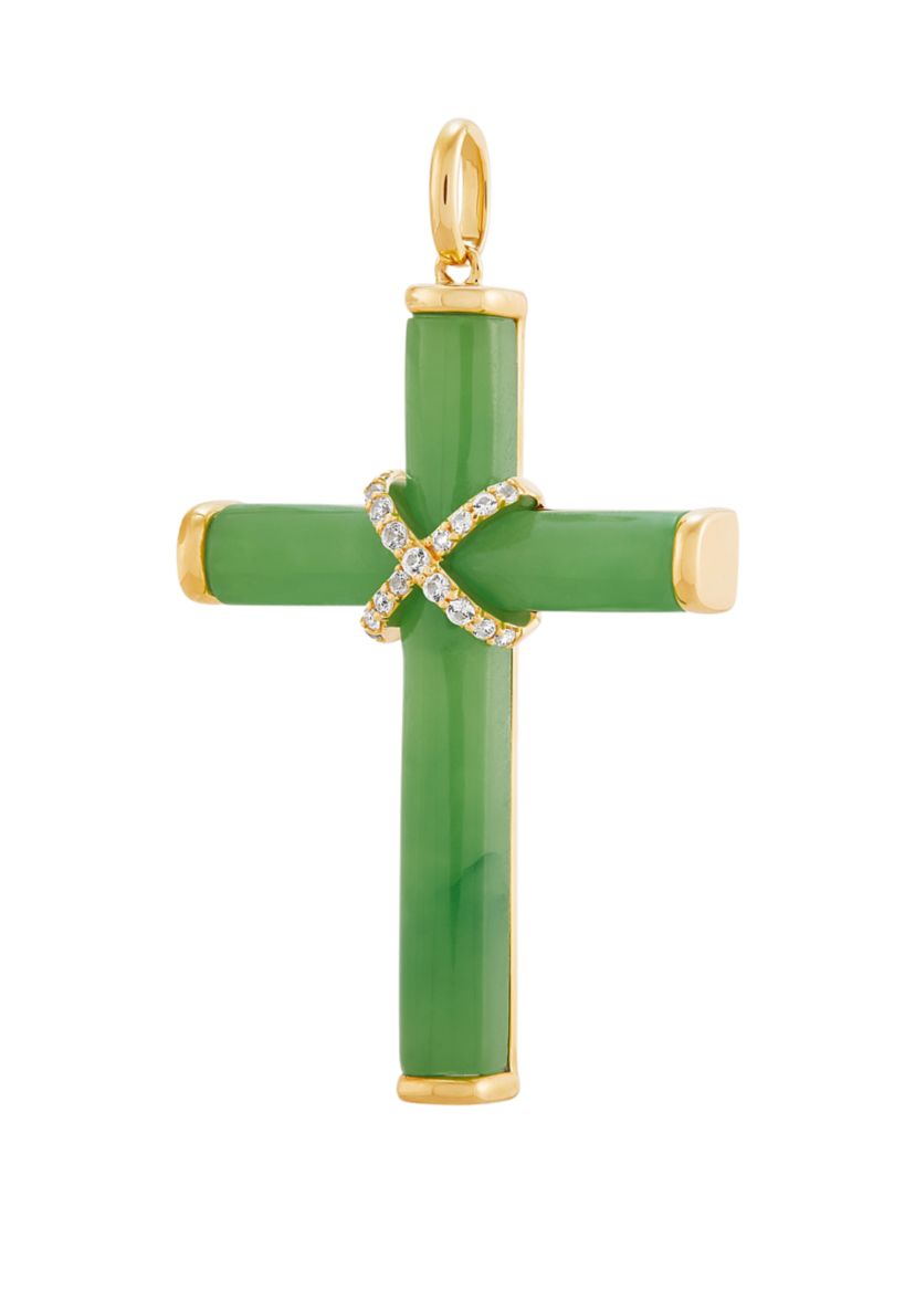 Natural Jade and Lab Created White Sapphire Cross Pendant Necklace with 18" Rope Chain in 10K Yellow Gold