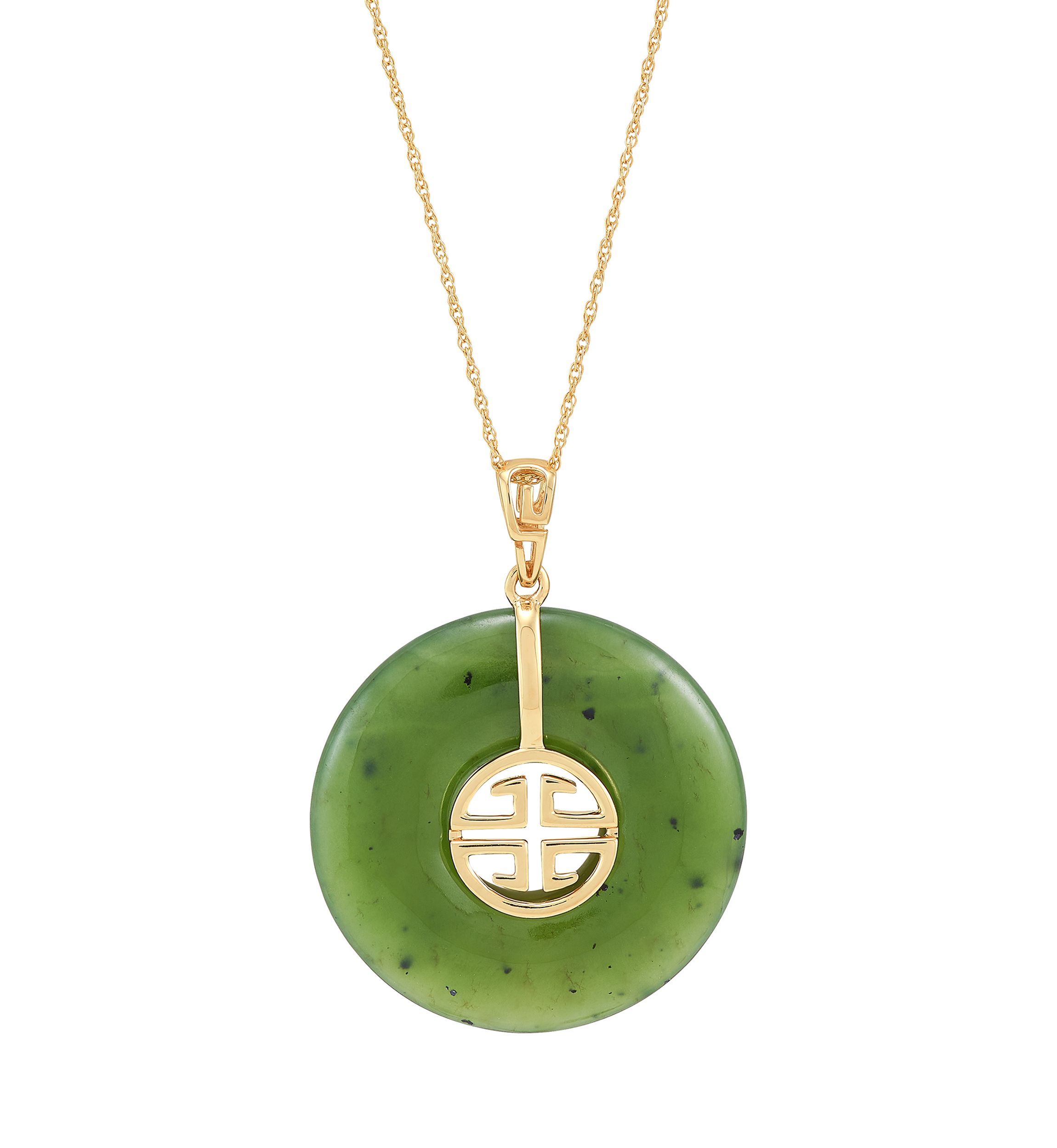 Natural Jade Circle Pendant Necklace with 18" Rope Chain in 10K Yellow Gold