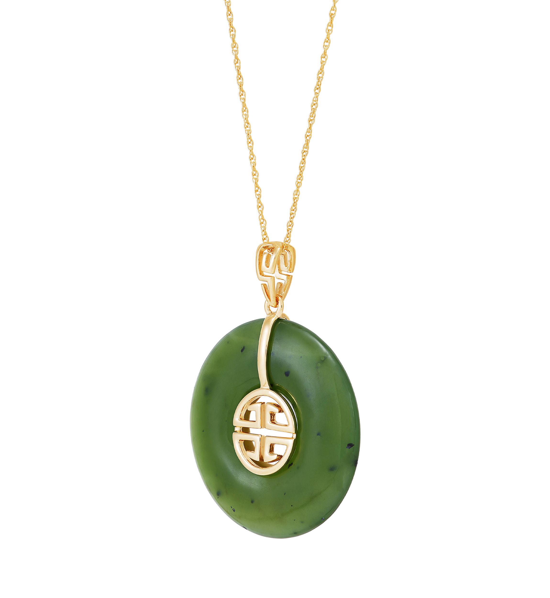 Natural Jade Circle Pendant Necklace with 18" Rope Chain in 10K Yellow Gold