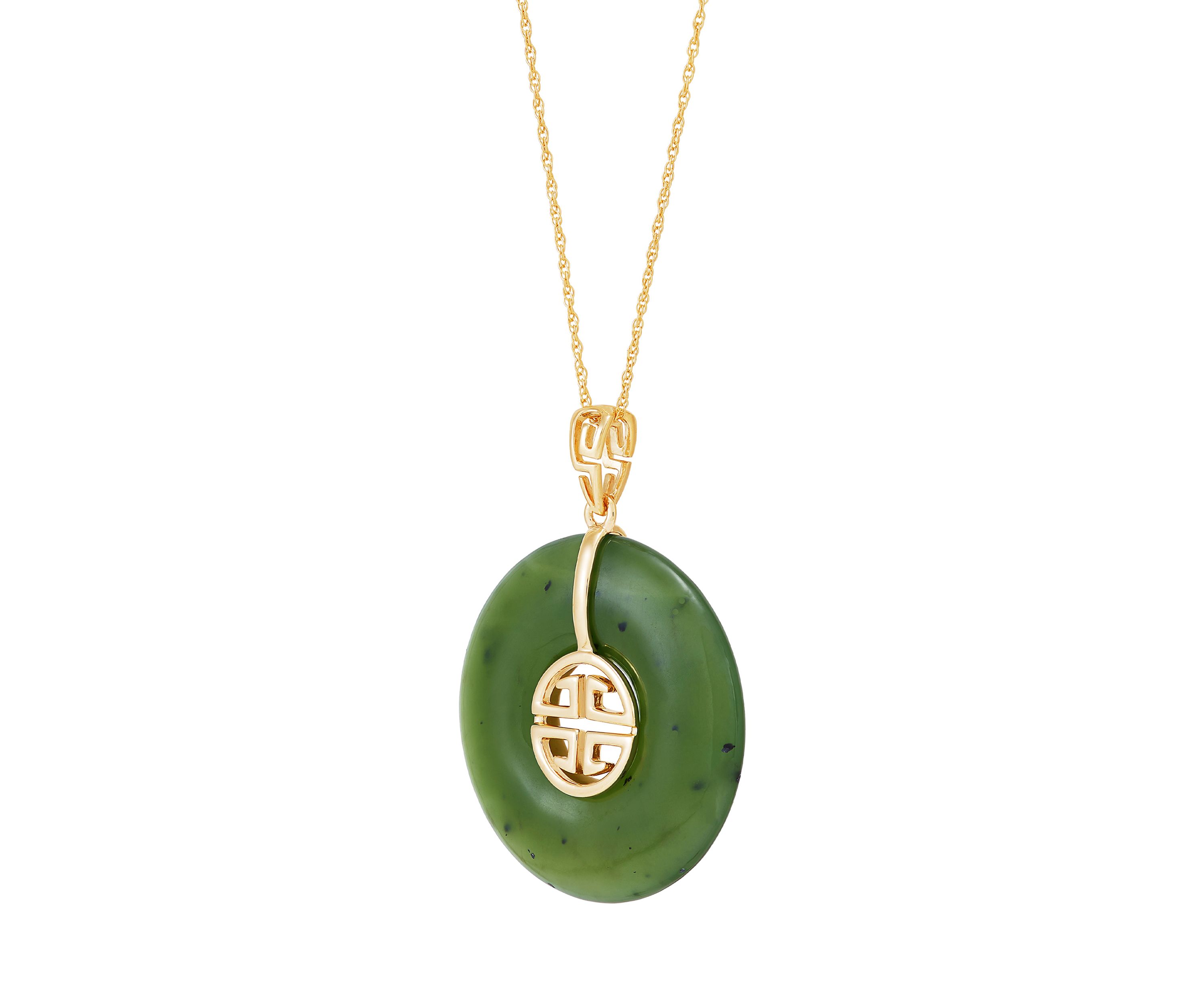 Natural Jade Circle Pendant Necklace with 18" Rope Chain in 10K Yellow Gold