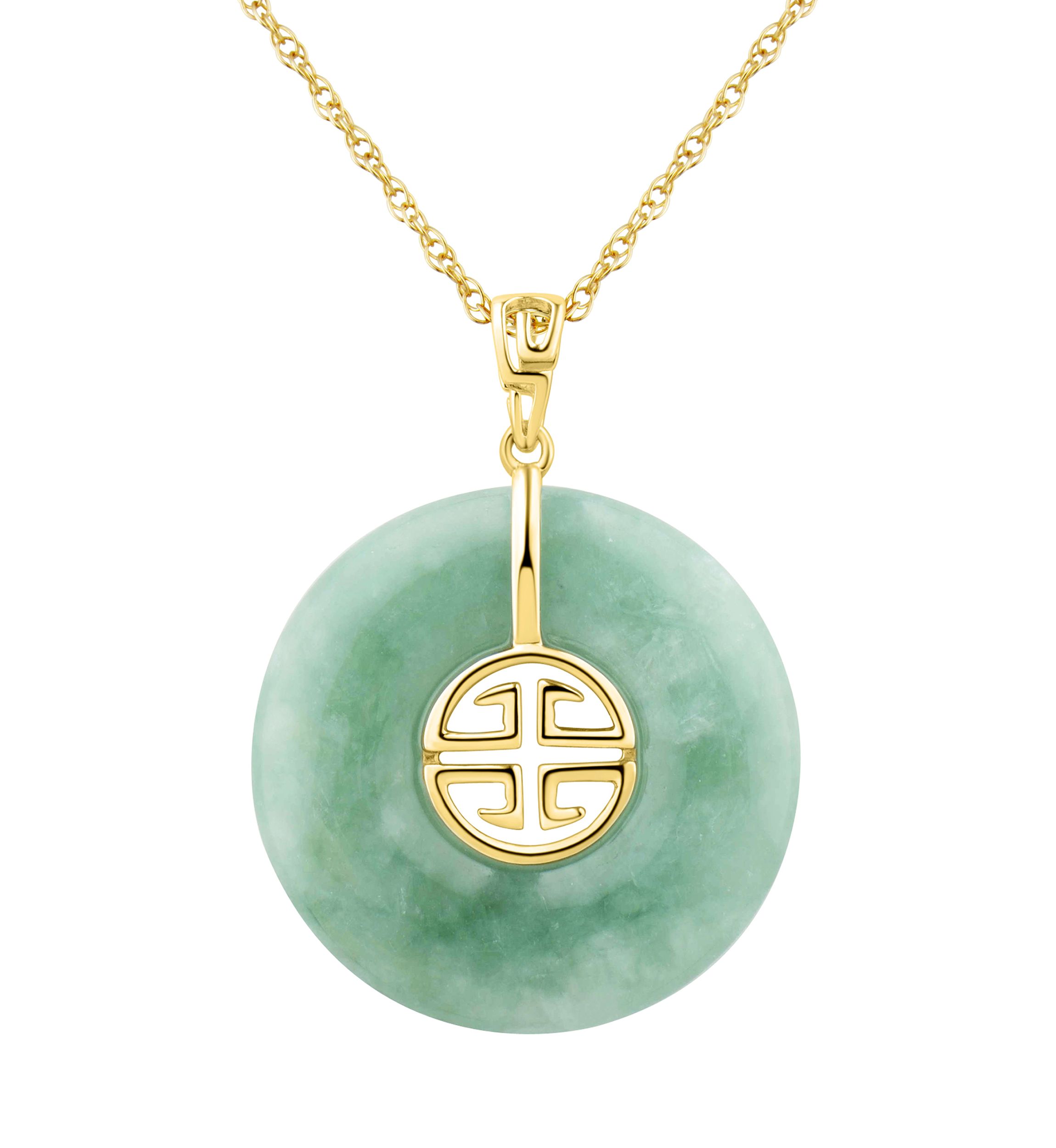 Natural Jade Circle Pendant Necklace with 18" Rope Chain in 10K Yellow Gold