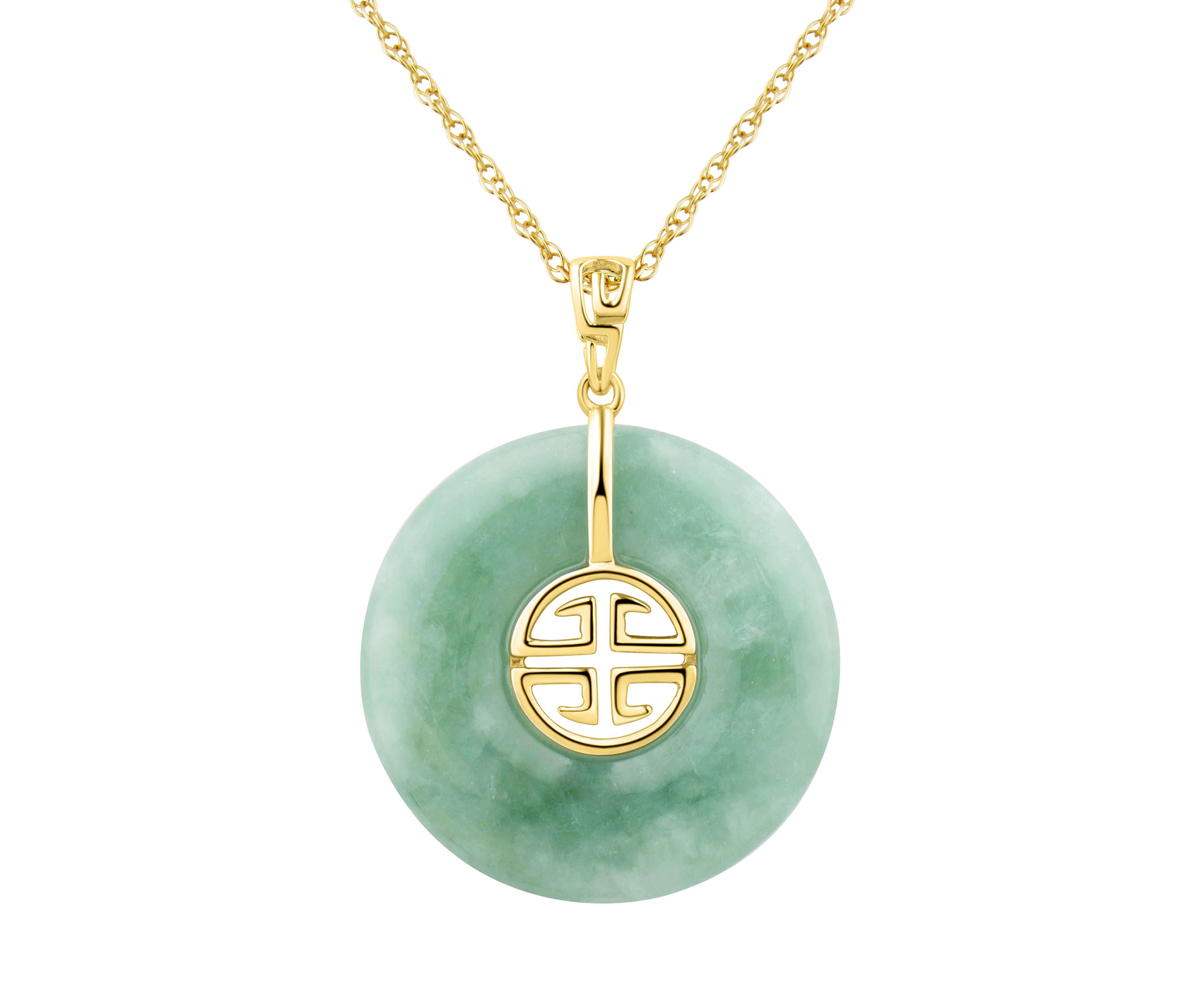 Natural Jade Circle Pendant Necklace with 18" Rope Chain in 10K Yellow Gold